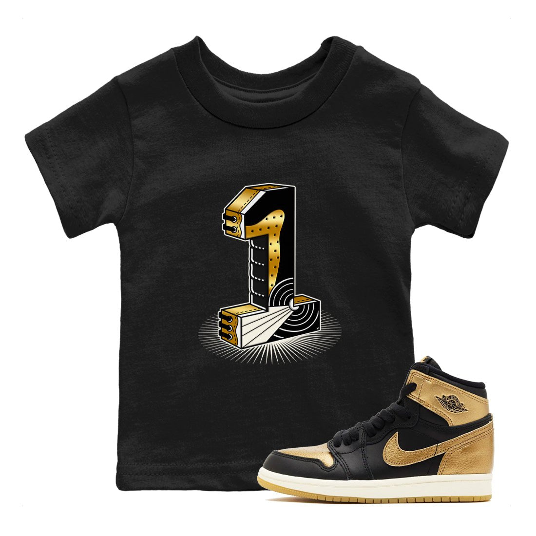 Air Jordan 1 High OG Black Metallic Gold shirts to match jordans Number Statue sneaker match tees Jordan 1 Black Metallic Gold SNRT Sneaker Tees streetwear brand Baby and Youth Black 1 cotton tee