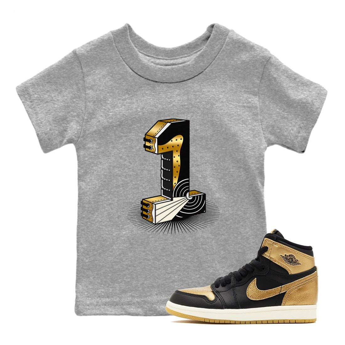 Air Jordan 1 High OG Black Metallic Gold shirts to match jordans Number Statue sneaker match tees Jordan 1 Black Metallic Gold SNRT Sneaker Tees streetwear brand Baby and Youth Heather Grey 1 cotton tee