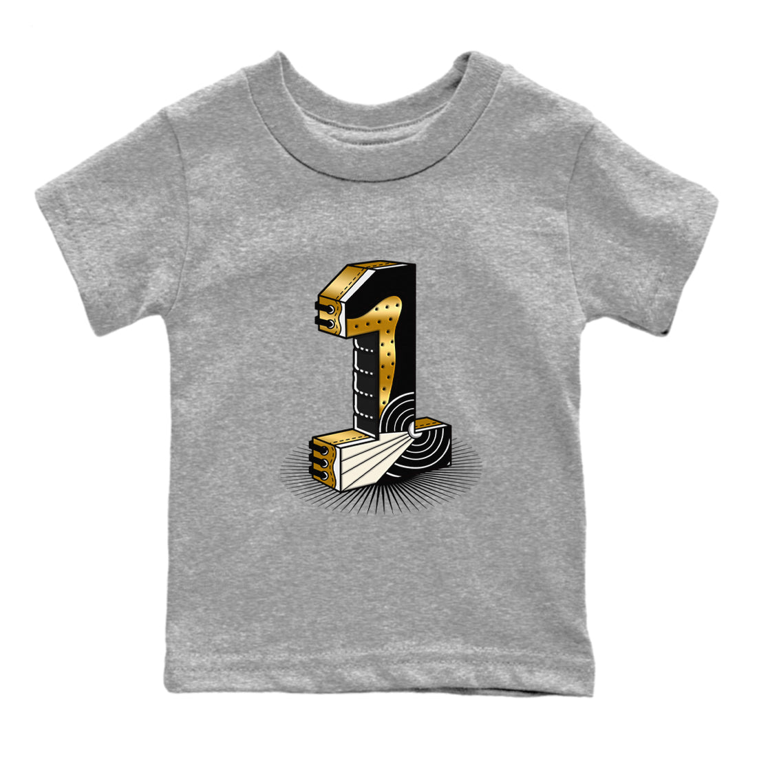 Air Jordan 1 High OG Black Metallic Gold shirts to match jordans Number Statue sneaker match tees Jordan 1 Black Metallic Gold SNRT Sneaker Tees streetwear brand Baby and Youth Heather Grey 2 cotton tee