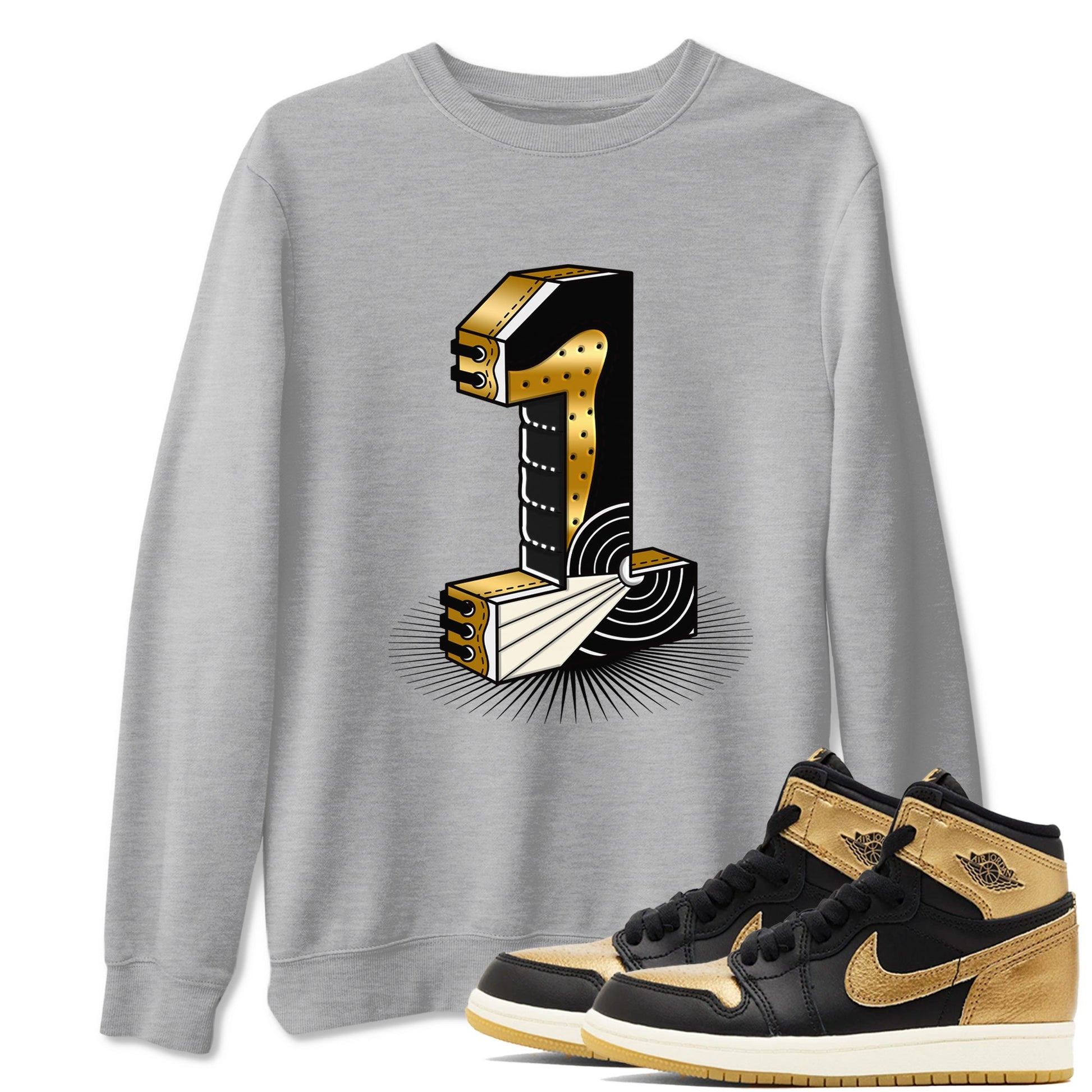 Air Jordan 1 High OG Black Metallic Gold shirts to match jordans Number Statue sneaker match tees Jordan 1 Black Metallic Gold SNRT Sneaker Tees streetwear brand Heather Grey 1 unisex cotton tee