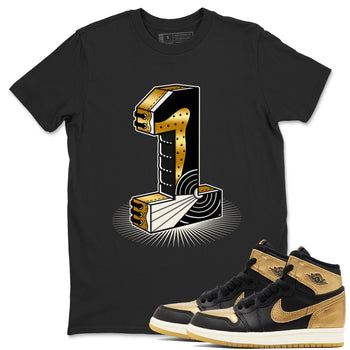 Air Jordan 1 High OG Black Metallic Gold shirts to match jordans Number Statue sneaker match tees Jordan 1 Black Metallic Gold SNRT Sneaker Tees streetwear brand Black 1 unisex cotton tee