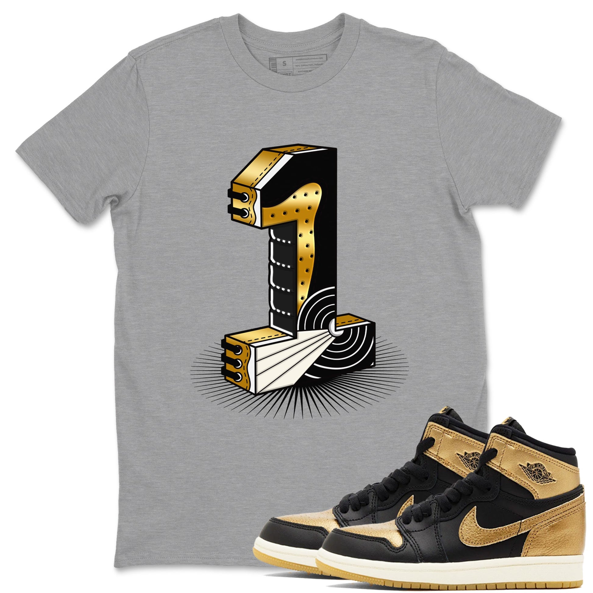 Air Jordan 1 High OG Black Metallic Gold shirts to match jordans Number Statue sneaker match tees Jordan 1 Black Metallic Gold SNRT Sneaker Tees streetwear brand Heather Grey 1 unisex cotton tee