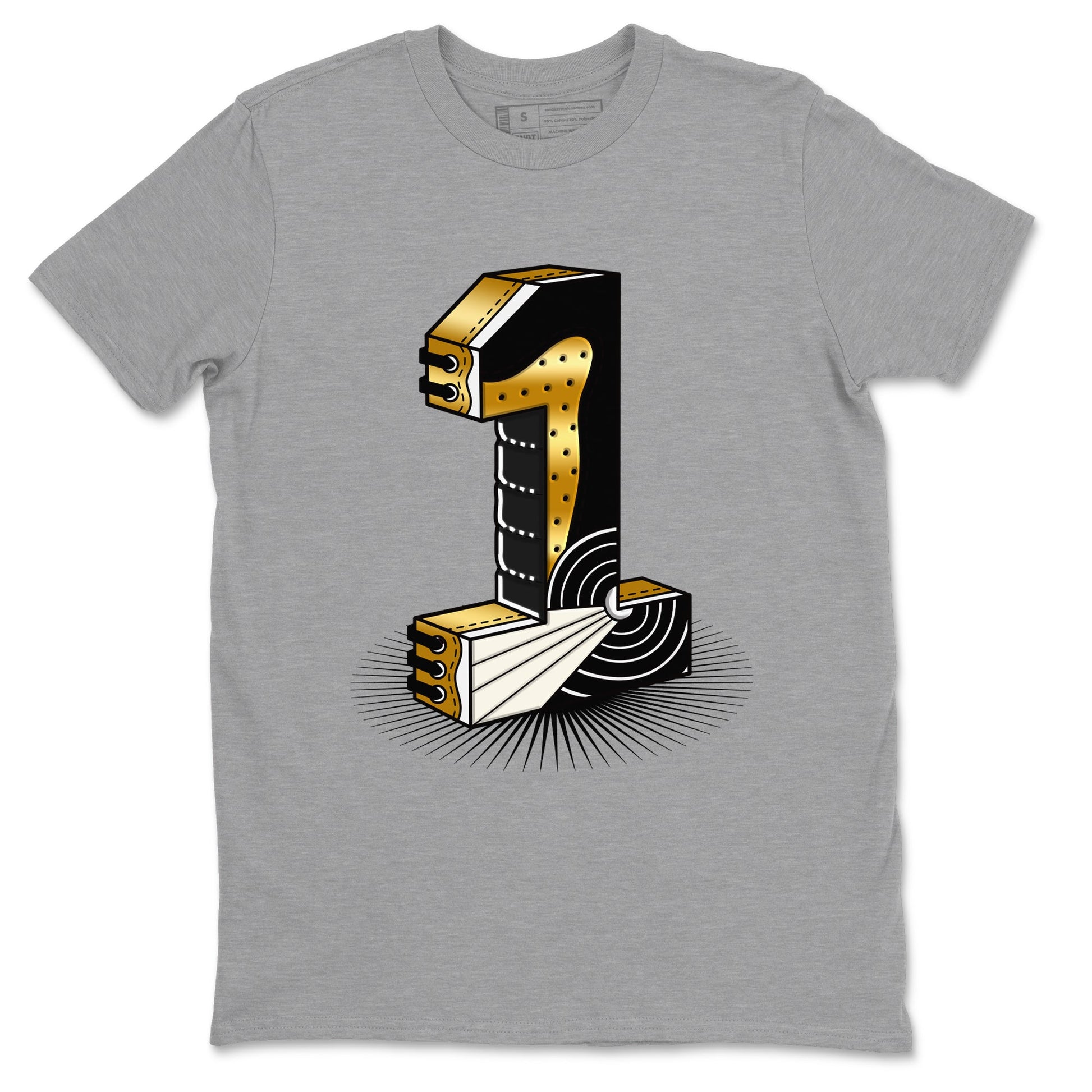 Air Jordan 1 High OG Black Metallic Gold shirts to match jordans Number Statue sneaker match tees Jordan 1 Black Metallic Gold SNRT Sneaker Tees streetwear brand Heather Grey 2 unisex cotton tee
