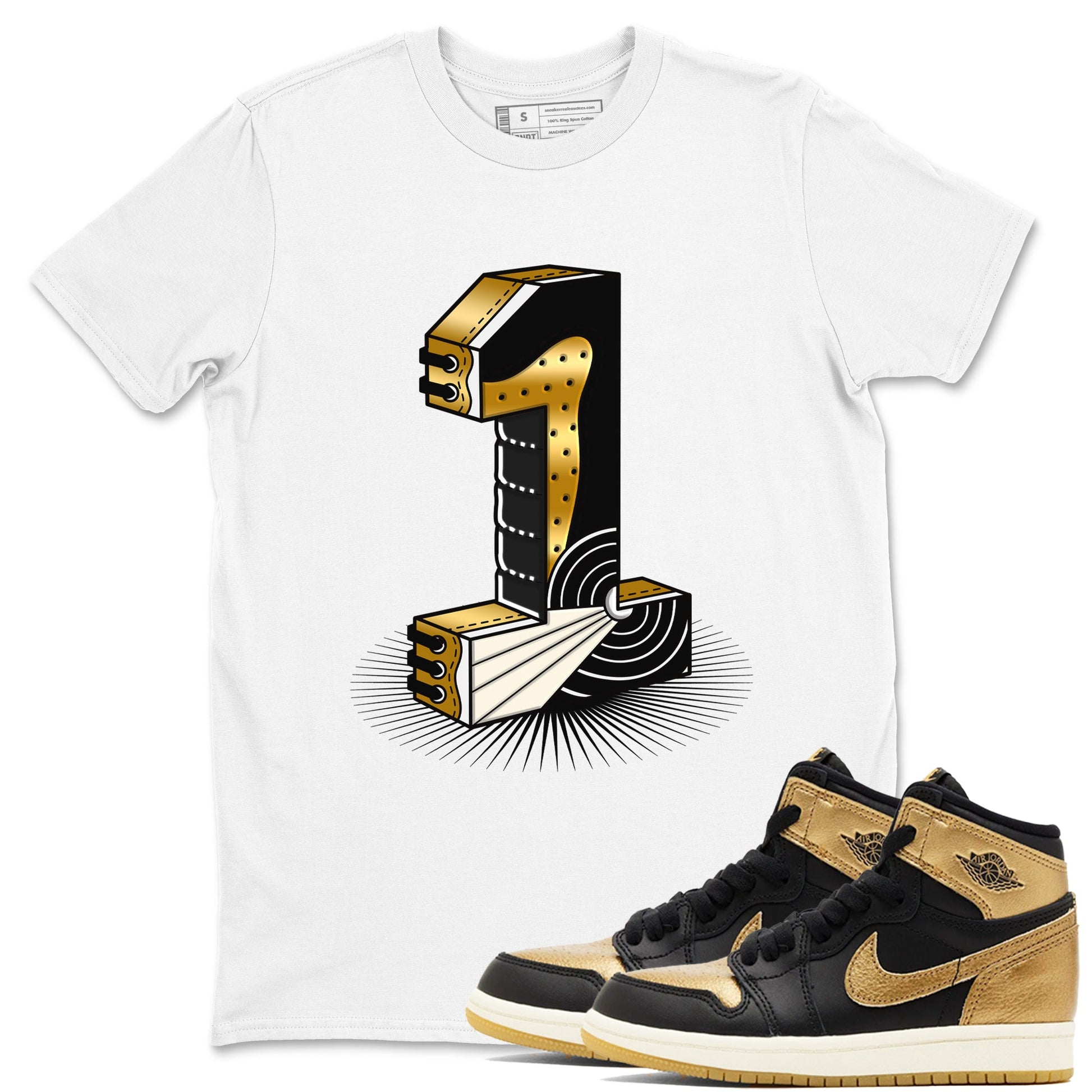 Air Jordan 1 High OG Black Metallic Gold shirts to match jordans Number Statue sneaker match tees Jordan 1 Black Metallic Gold SNRT Sneaker Tees streetwear brand White 1 unisex cotton tee