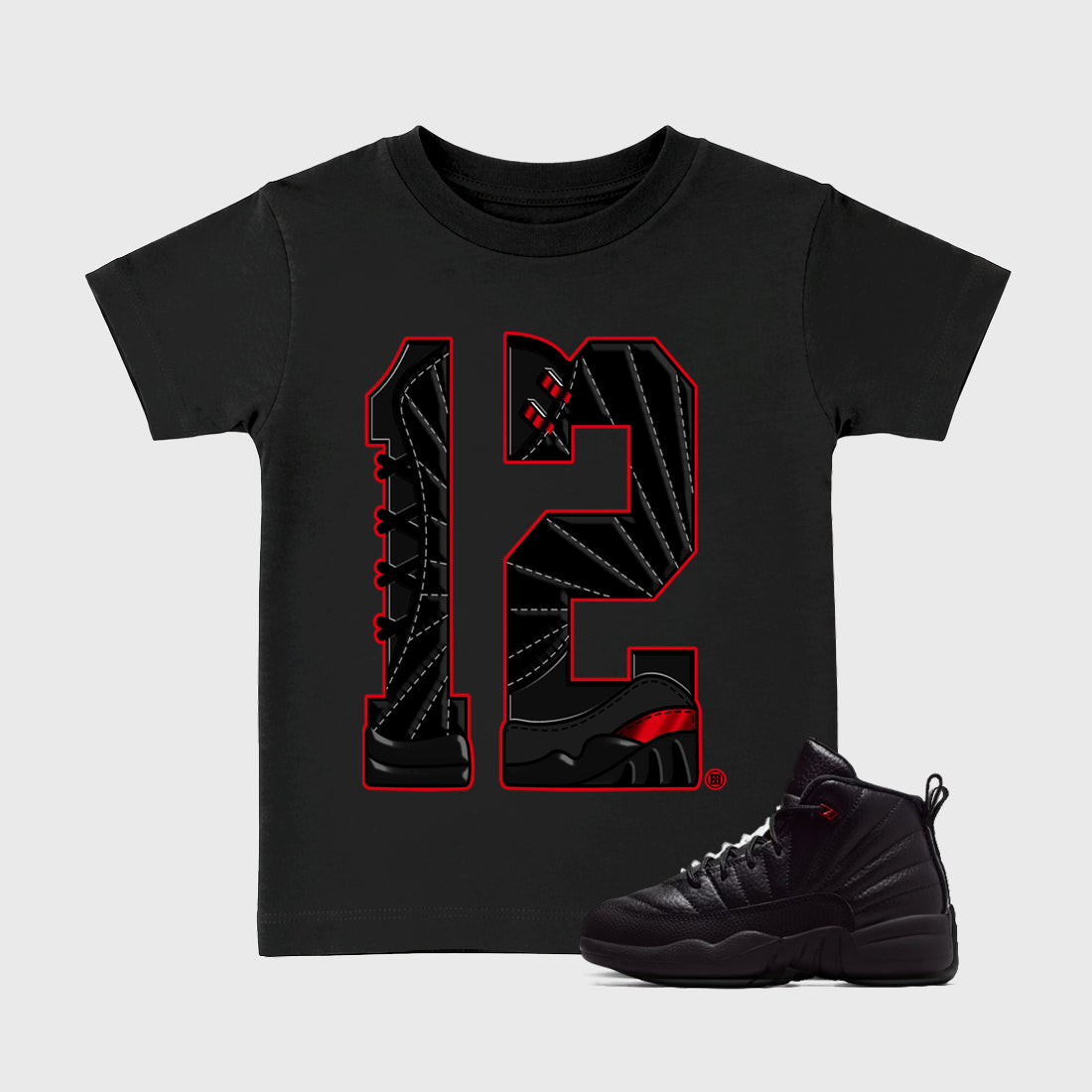 Number Statue affordable baby and kids t-shirt designed to match the Air Jordan 12 Retro Bloodline, featuring coordinated Black 1 options for the perfect little sneakerhead streetwear look.