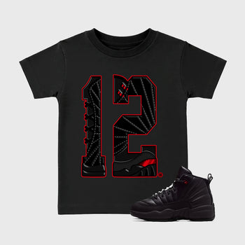 Number Statue affordable baby and kids t-shirt designed to match the Air Jordan 12 Retro Bloodline, featuring coordinated Black 1 options for the perfect little sneakerhead streetwear look.