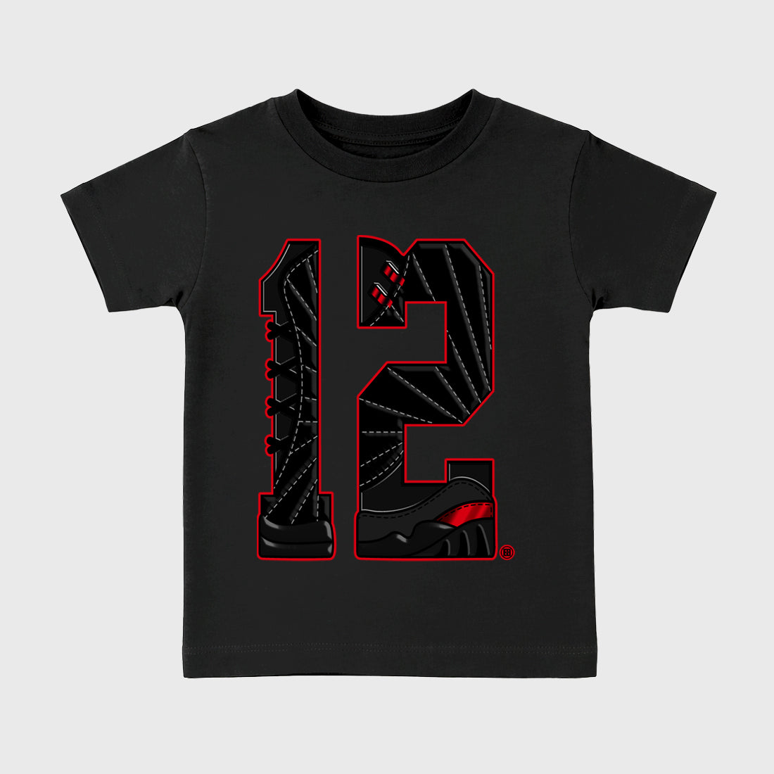 Number Statue affordable baby and kids t-shirt designed to match the Air Jordan 12 Retro Bloodline, featuring coordinated Black 2 options for the perfect little sneakerhead streetwear look.