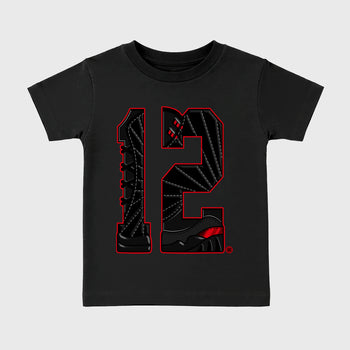 Number Statue affordable baby and kids t-shirt designed to match the Air Jordan 12 Retro Bloodline, featuring coordinated Black 2 options for the perfect little sneakerhead streetwear look.