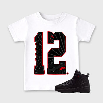 Number Statue affordable baby and kids t-shirt designed to match the Air Jordan 12 Retro Bloodline, featuring coordinated White 1 options for the perfect little sneakerhead streetwear look.