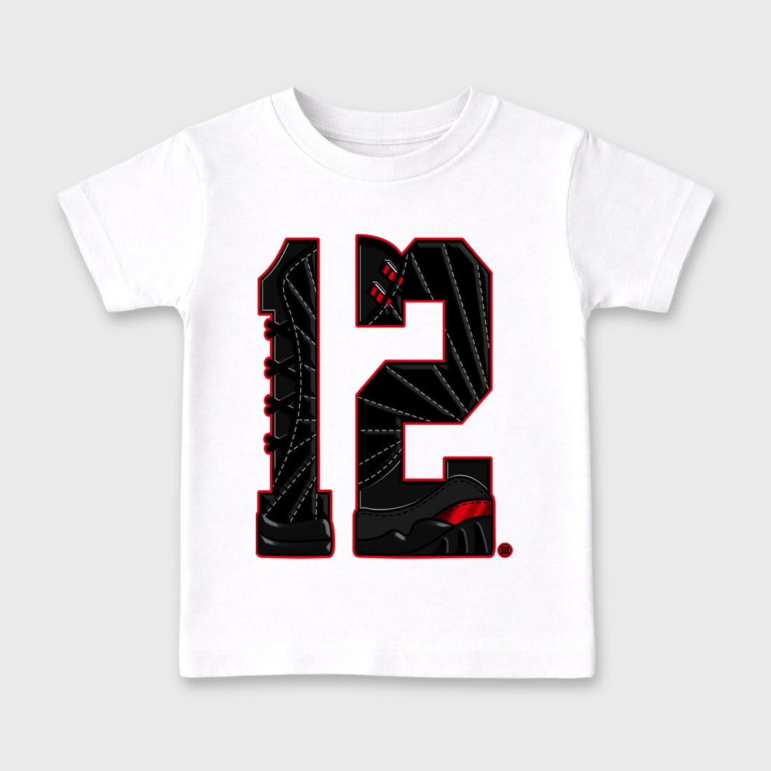 Number Statue affordable baby and kids t-shirt designed to match the Air Jordan 12 Retro Bloodline, featuring coordinated White 2 options for the perfect little sneakerhead streetwear look.