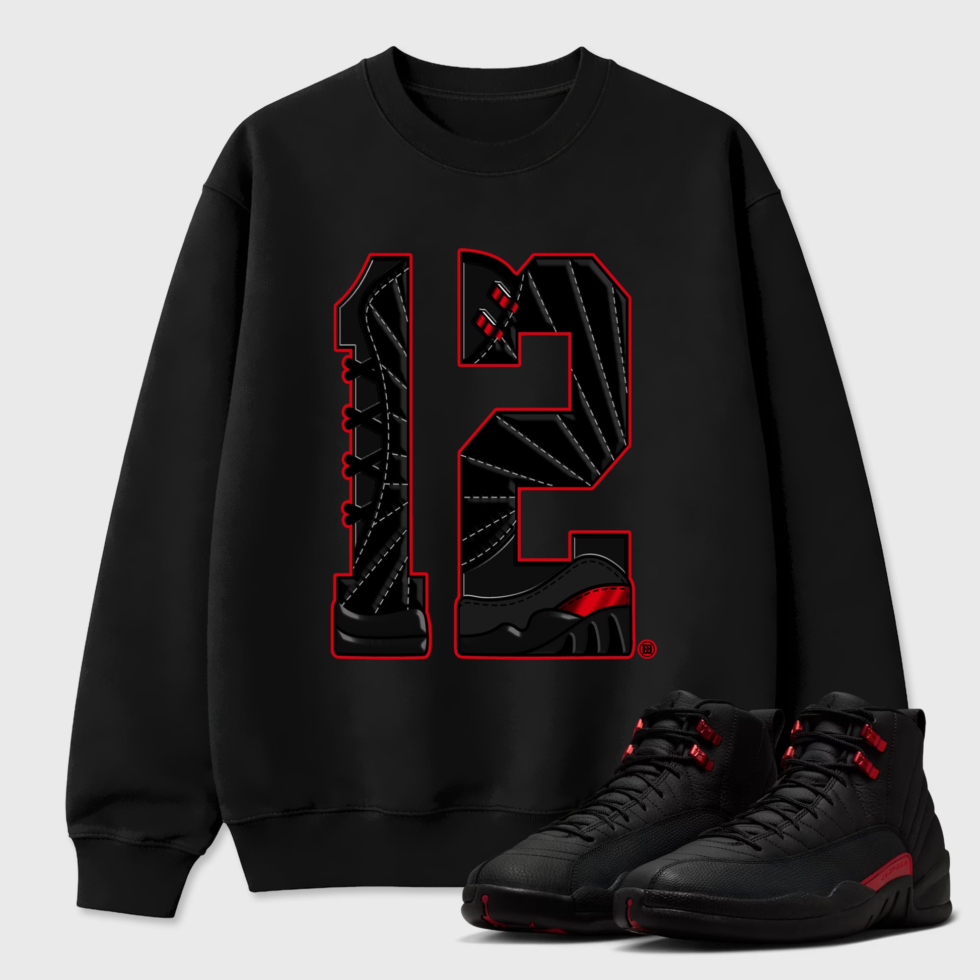 Number Statue Graphic T-Shirt sneaker match tee designed for the Air Jordan 12 Retro Bloodline, featuring coordinated color options for a perfect streetwear match. Black 1 shirt.