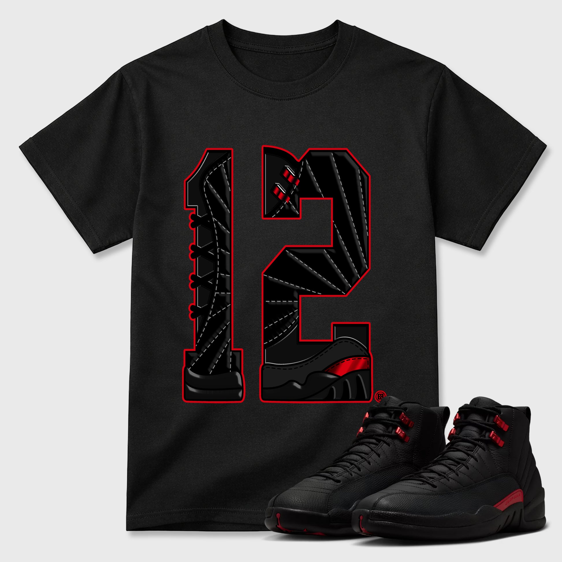 Number Statue Graphic T-Shirt sneaker match tee designed for the Air Jordan 12 Retro Bloodline, featuring coordinated color options for a perfect streetwear match. Black 1 shirt.