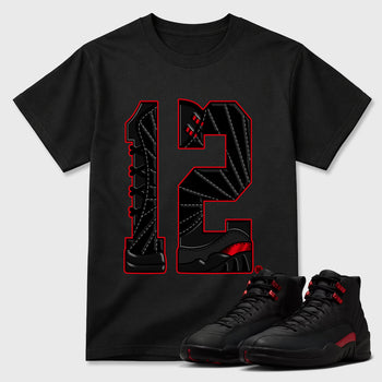 Number Statue Graphic T-Shirt sneaker match tee designed for the Air Jordan 12 Retro Bloodline, featuring coordinated color options for a perfect streetwear match. Black 1 shirt.