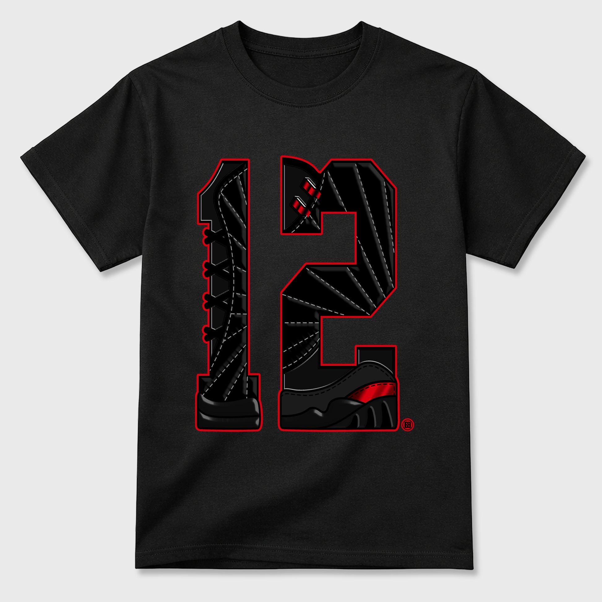 Number Statue Graphic T-Shirt sneaker match tee designed for the Air Jordan 12 Retro Bloodline, featuring coordinated color options for a perfect streetwear match. Black 2 shirt.