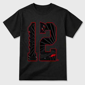 Number Statue Graphic T-Shirt sneaker match tee designed for the Air Jordan 12 Retro Bloodline, featuring coordinated color options for a perfect streetwear match. Black 2 shirt.