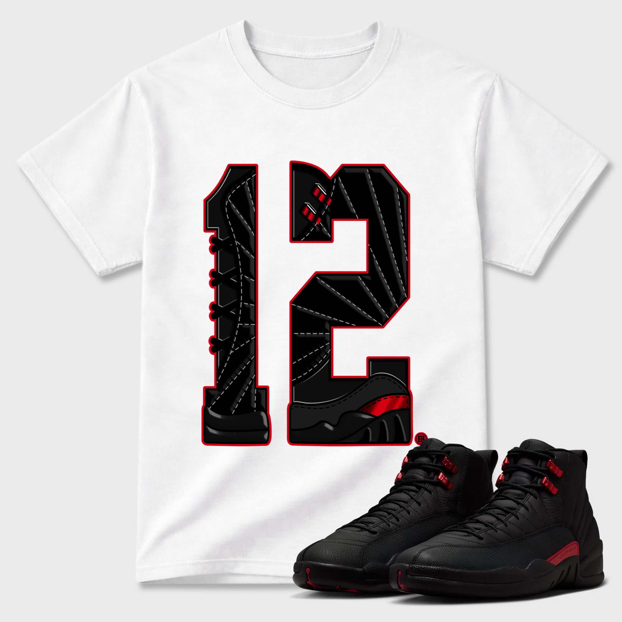 Number Statue Graphic T-Shirt sneaker match tee designed for the Air Jordan 12 Retro Bloodline, featuring coordinated color options for a perfect streetwear match. White 1 shirt.