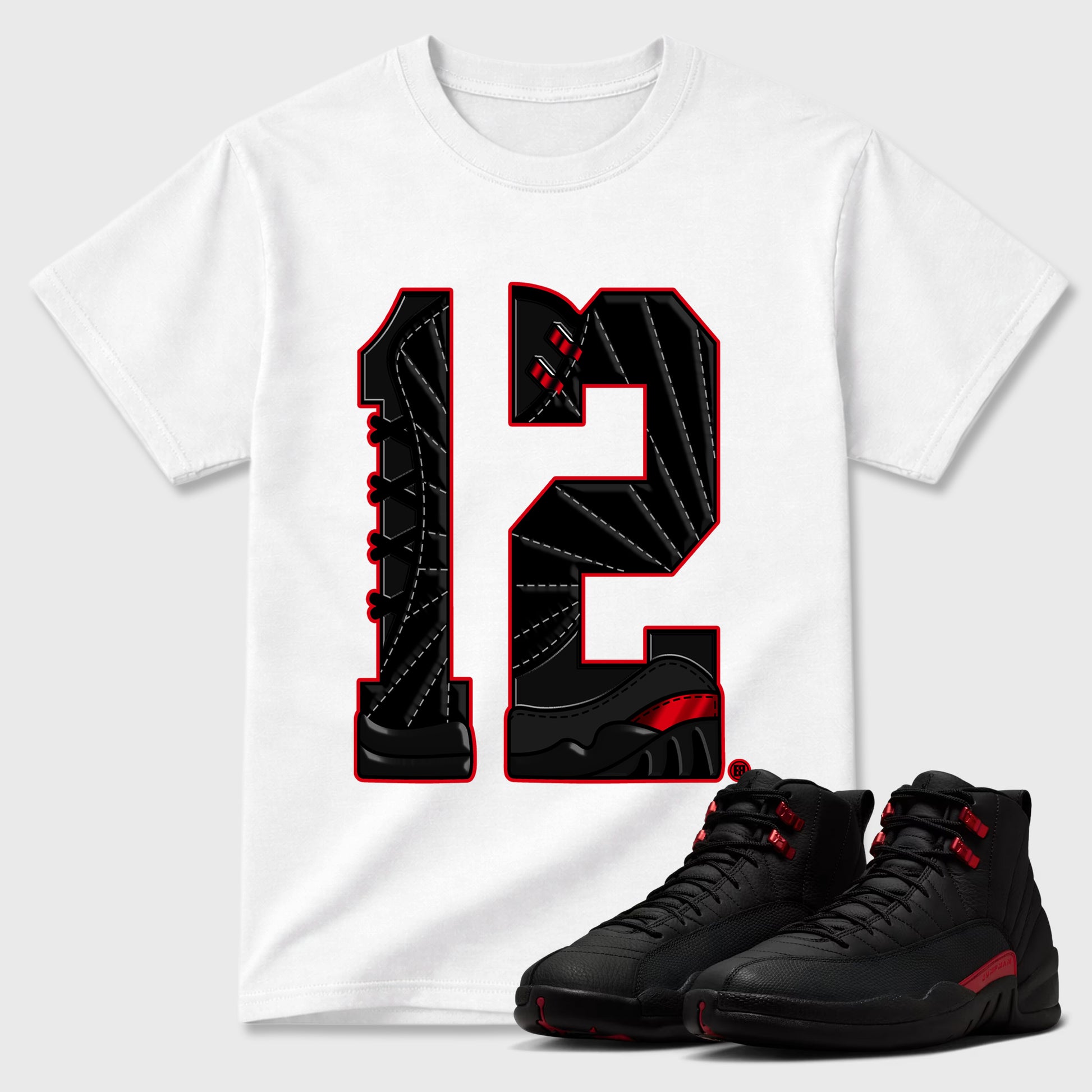 Number Statue Graphic T-Shirt sneaker match tee designed for the Air Jordan 12 Retro Bloodline, featuring coordinated color options for a perfect streetwear match. White 1 shirt.