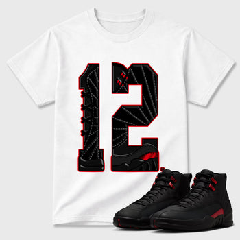 Number Statue Graphic T-Shirt sneaker match tee designed for the Air Jordan 12 Retro Bloodline, featuring coordinated color options for a perfect streetwear match. White 1 shirt.