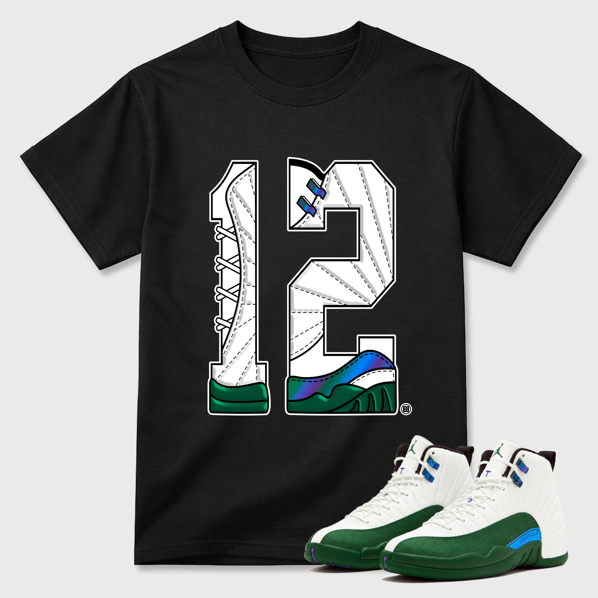 Number Statue Graphic T-Shirt featuring original streetwear artwork designed to match the Air Jordan 12 Bucks. Black 1 Graphic T-Shirt.