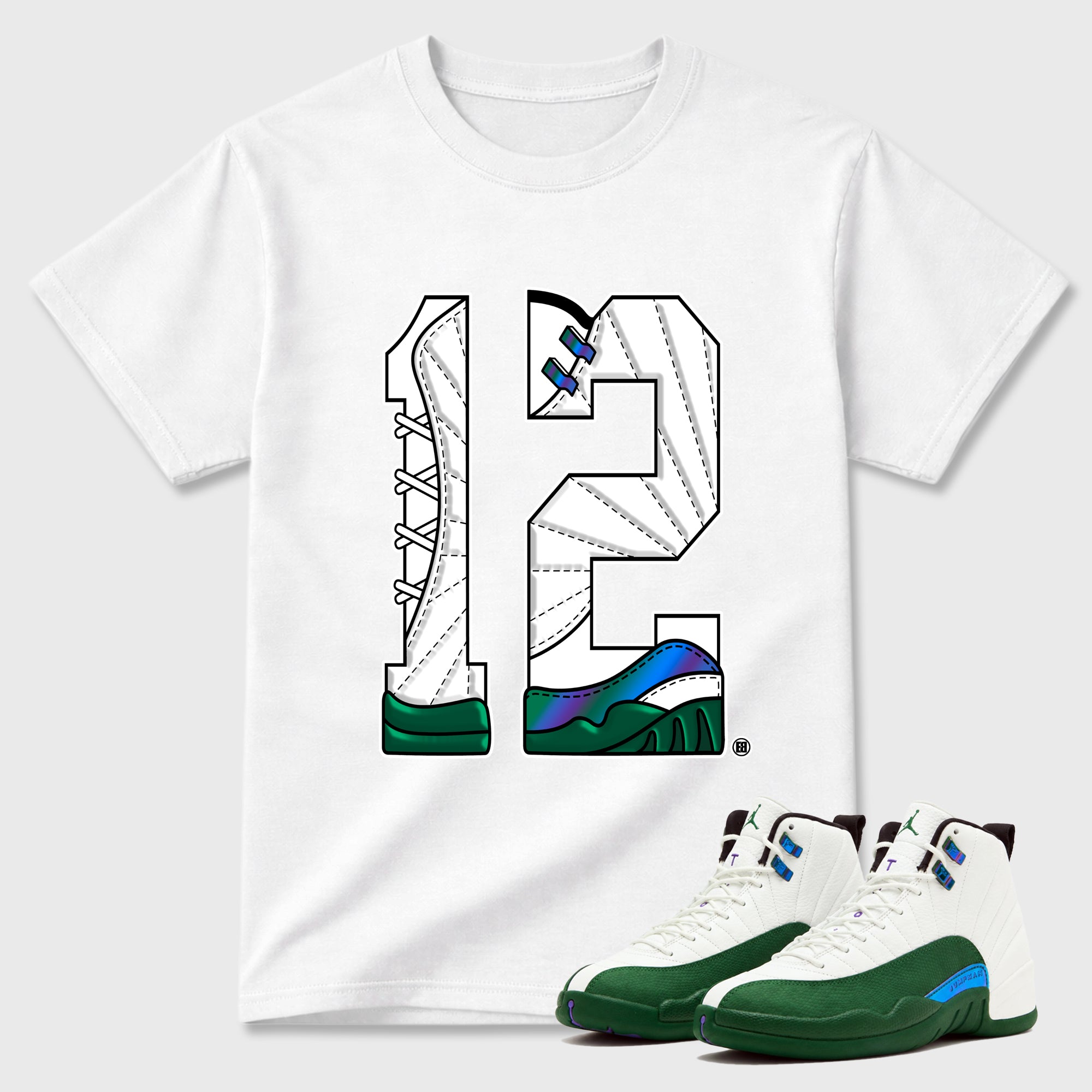 Number Statue Graphic T-Shirt featuring original streetwear artwork designed to match the Air Jordan 12 Bucks. White 1 Graphic T-Shirt.