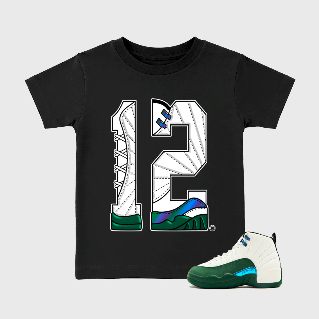 Number Statue Baby & Kids Graphic T-Shirt featuring original artwork designed to match the Air Jordan 12 Summit Green and Gorge Green. Black 1 Kids Graphic Tee.