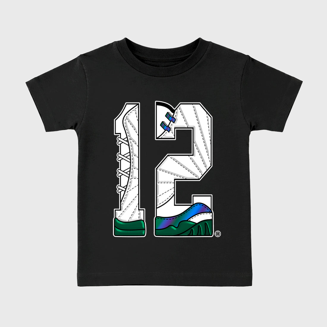 Number Statue Baby & Kids Graphic T-Shirt featuring original artwork designed to match the Air Jordan 12 Summit Green and Gorge Green. Black 2 Kids Graphic Tee.