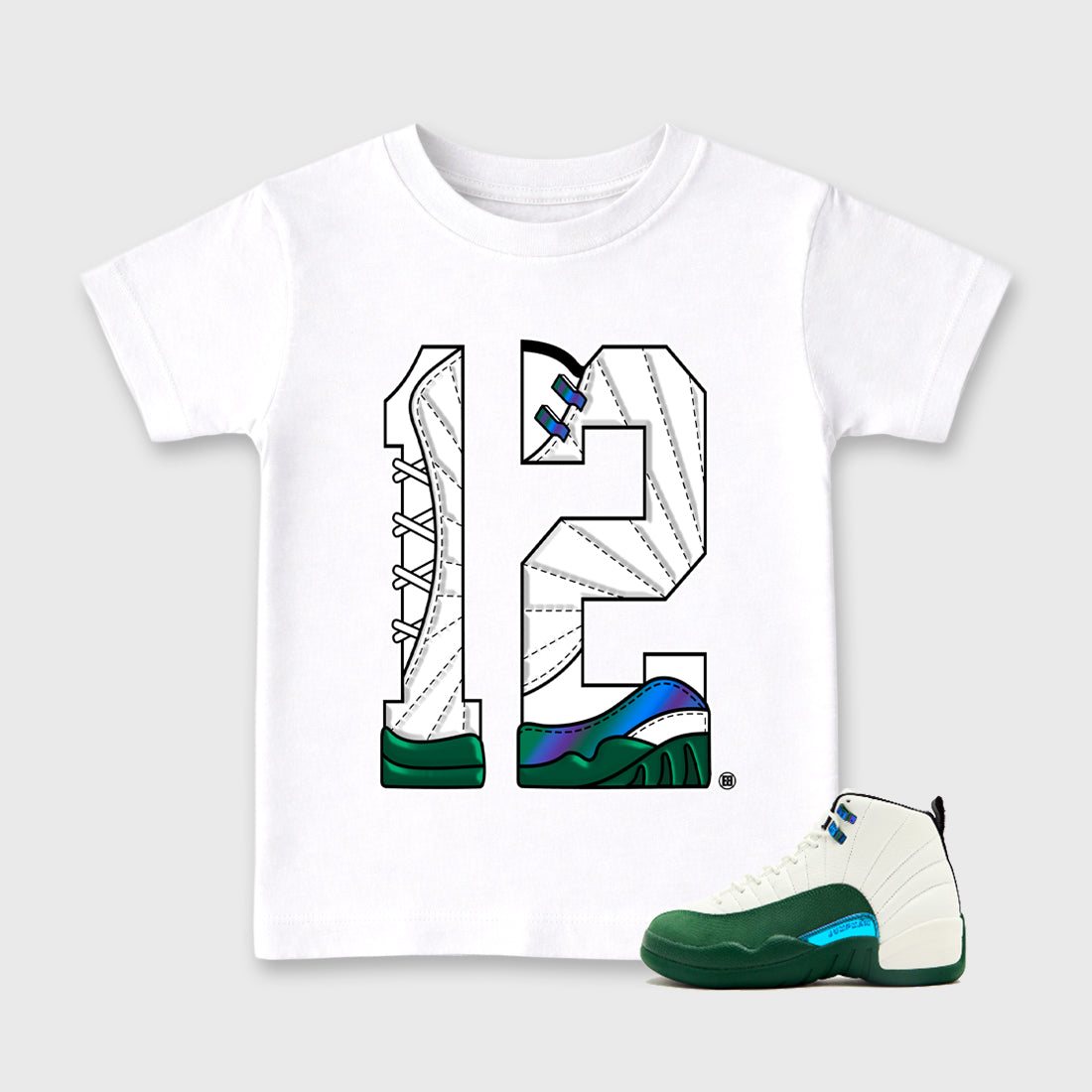 Number Statue Baby & Kids Graphic T-Shirt featuring original artwork designed to match the Air Jordan 12 Summit Green and Gorge Green. White 1 Kids Graphic Tee.