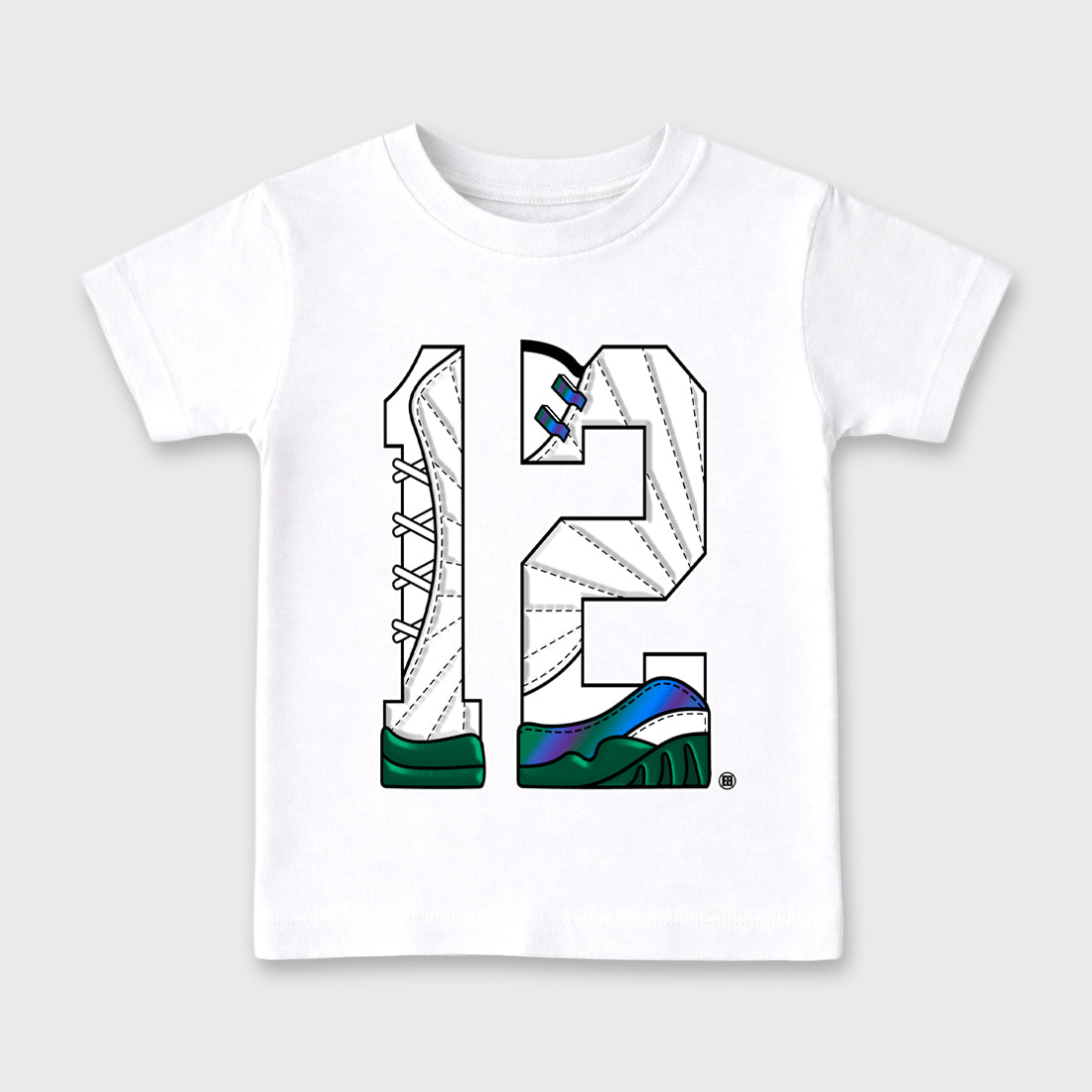Number Statue Baby & Kids Graphic T-Shirt featuring original artwork designed to match the Air Jordan 12 Summit Green and Gorge Green. White 2 Kids Graphic Tee.