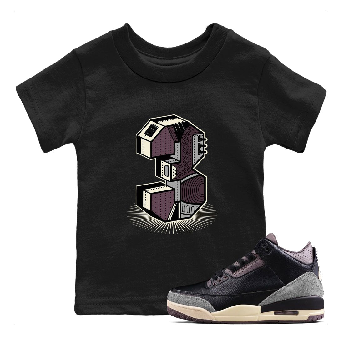 AJ3 A Ma Maniere x Black shirts to match jordans Number Statue sneaker match tees A Ma Maniere x Air Jordan 3 “Black” SNRT Sneaker Tees streetwear brand Baby and Youth Black 1 cotton tee