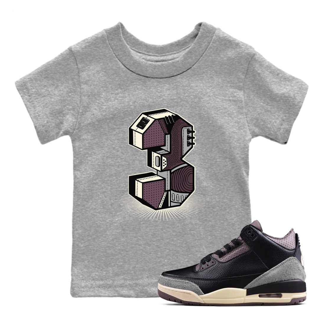 AJ3 A Ma Maniere x Black shirts to match jordans Number Statue sneaker match tees A Ma Maniere x Air Jordan 3 “Black” SNRT Sneaker Tees streetwear brand Baby and Youth Heather Grey 1 cotton tee