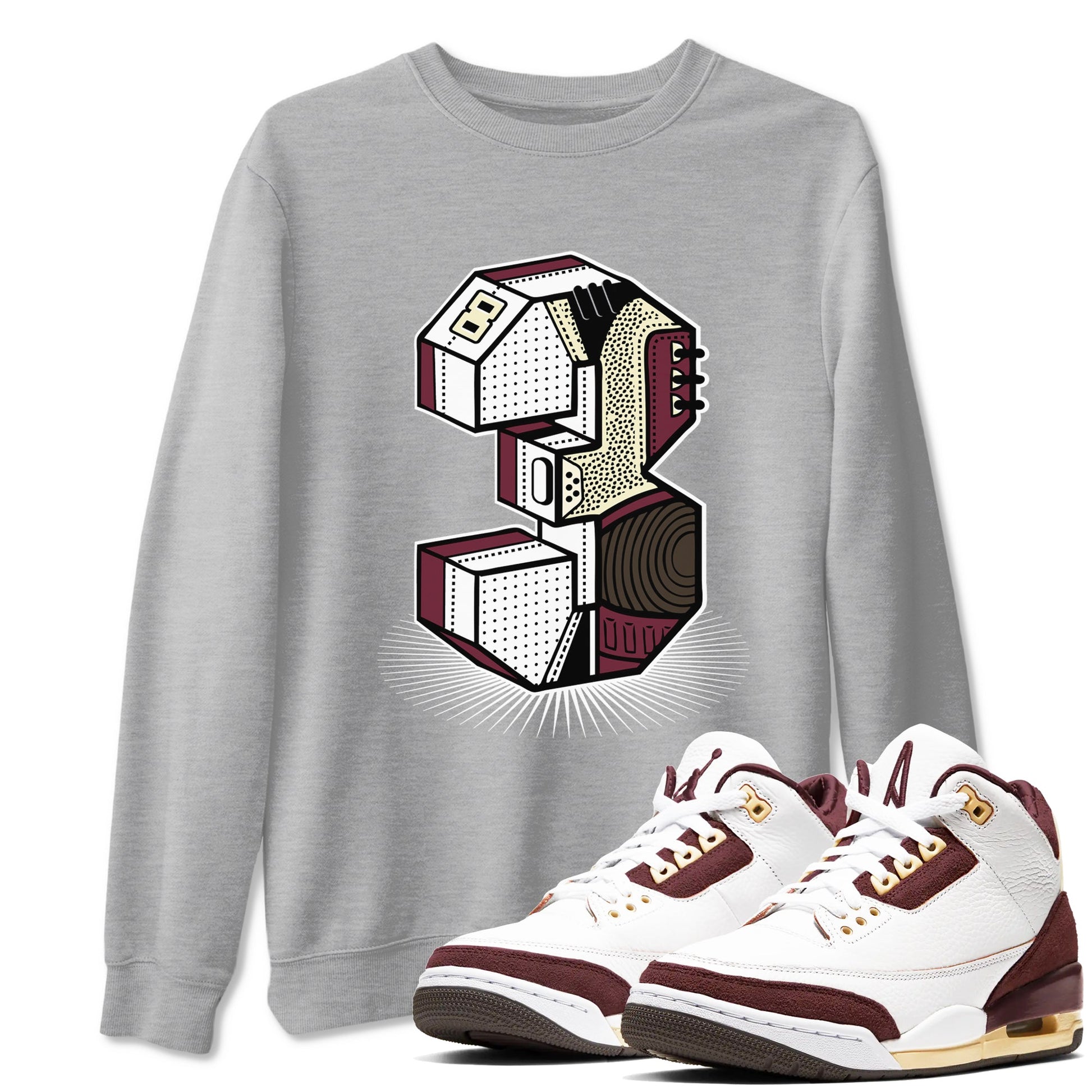 3s A Ma Maniere x Burgundy Crush shirts to match jordans Number Statue sneaker match teesA Ma Maniére x Air Jordan 3 "Burgundy Crush" SNRT Sneaker Tees streetwear brand Heather Grey 1 unisex cotton tee