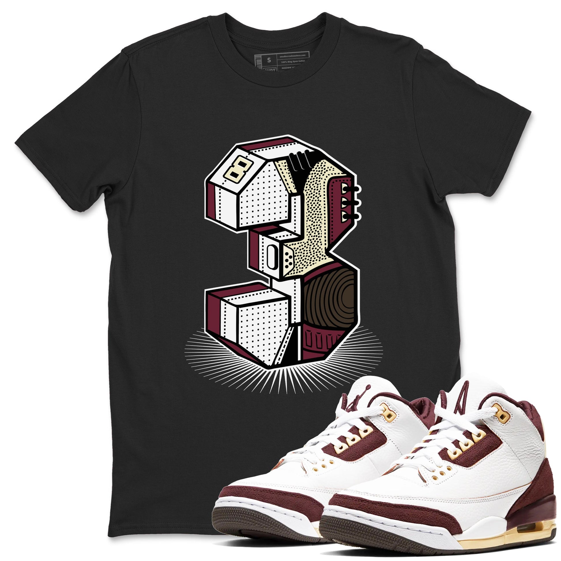 3s A Ma Maniere x Burgundy Crush shirts to match jordans Number Statue sneaker match teesA Ma Maniére x Air Jordan 3 "Burgundy Crush" SNRT Sneaker Tees streetwear brand Black 1 unisex cotton tee