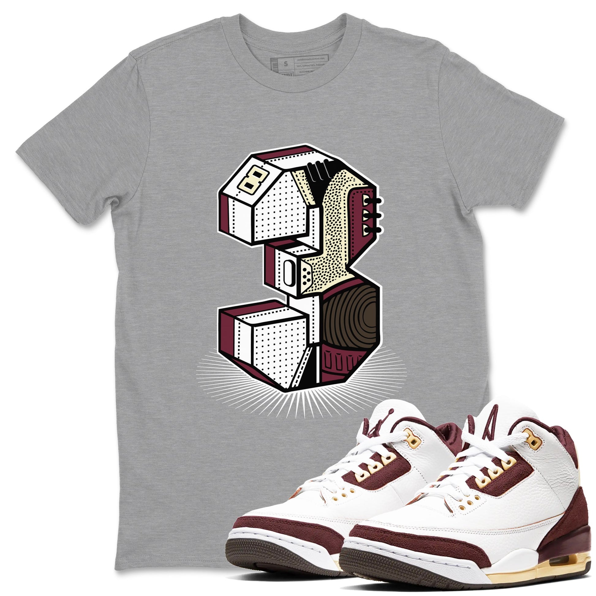 3s A Ma Maniere x Burgundy Crush shirts to match jordans Number Statue sneaker match teesA Ma Maniére x Air Jordan 3 "Burgundy Crush" SNRT Sneaker Tees streetwear brand Heather Grey 1 unisex cotton tee