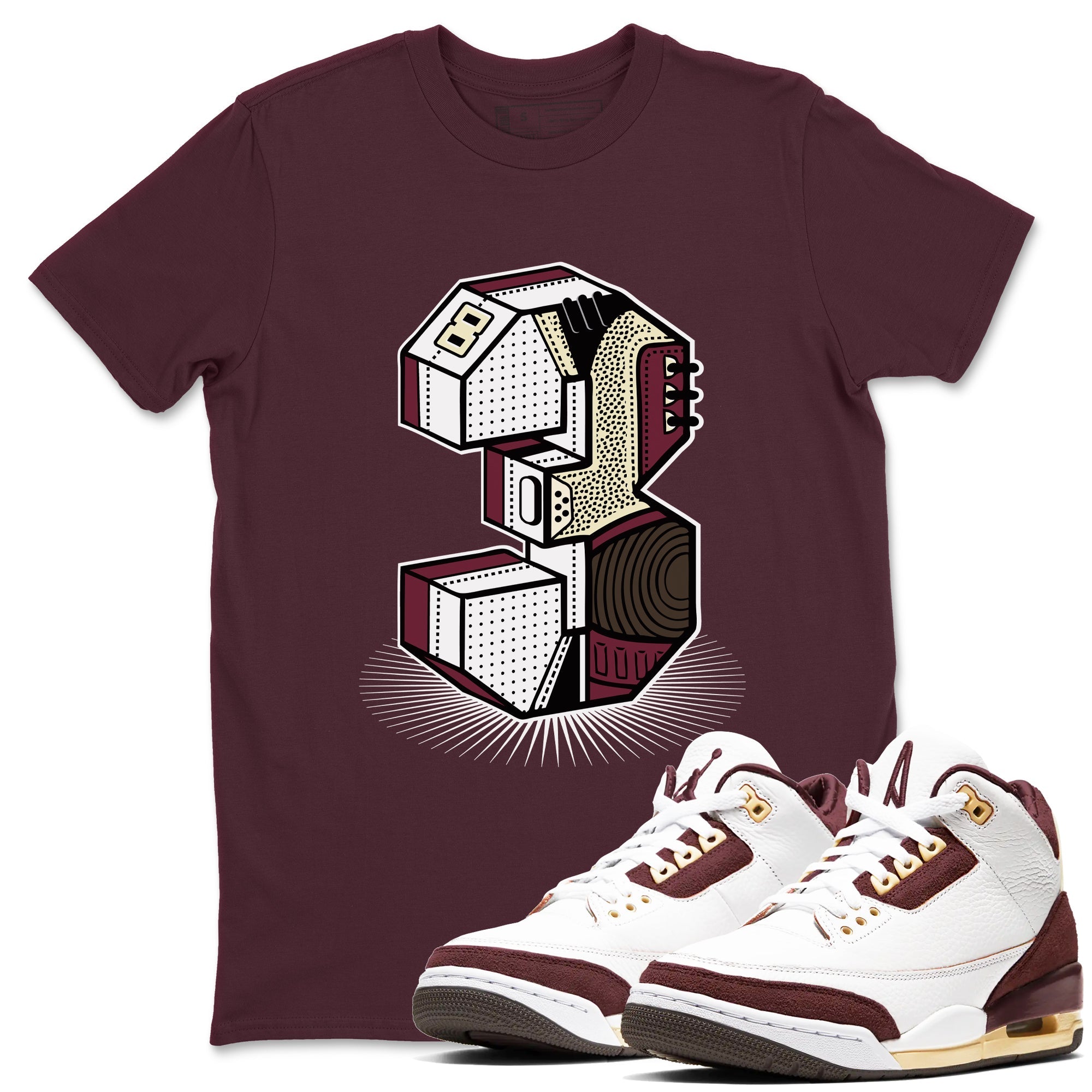 3s A Ma Maniere x Burgundy Crush shirts to match jordans Number Statue sneaker match teesA Ma Maniére x Air Jordan 3 "Burgundy Crush" SNRT Sneaker Tees streetwear brand Maroon 1 unisex cotton tee