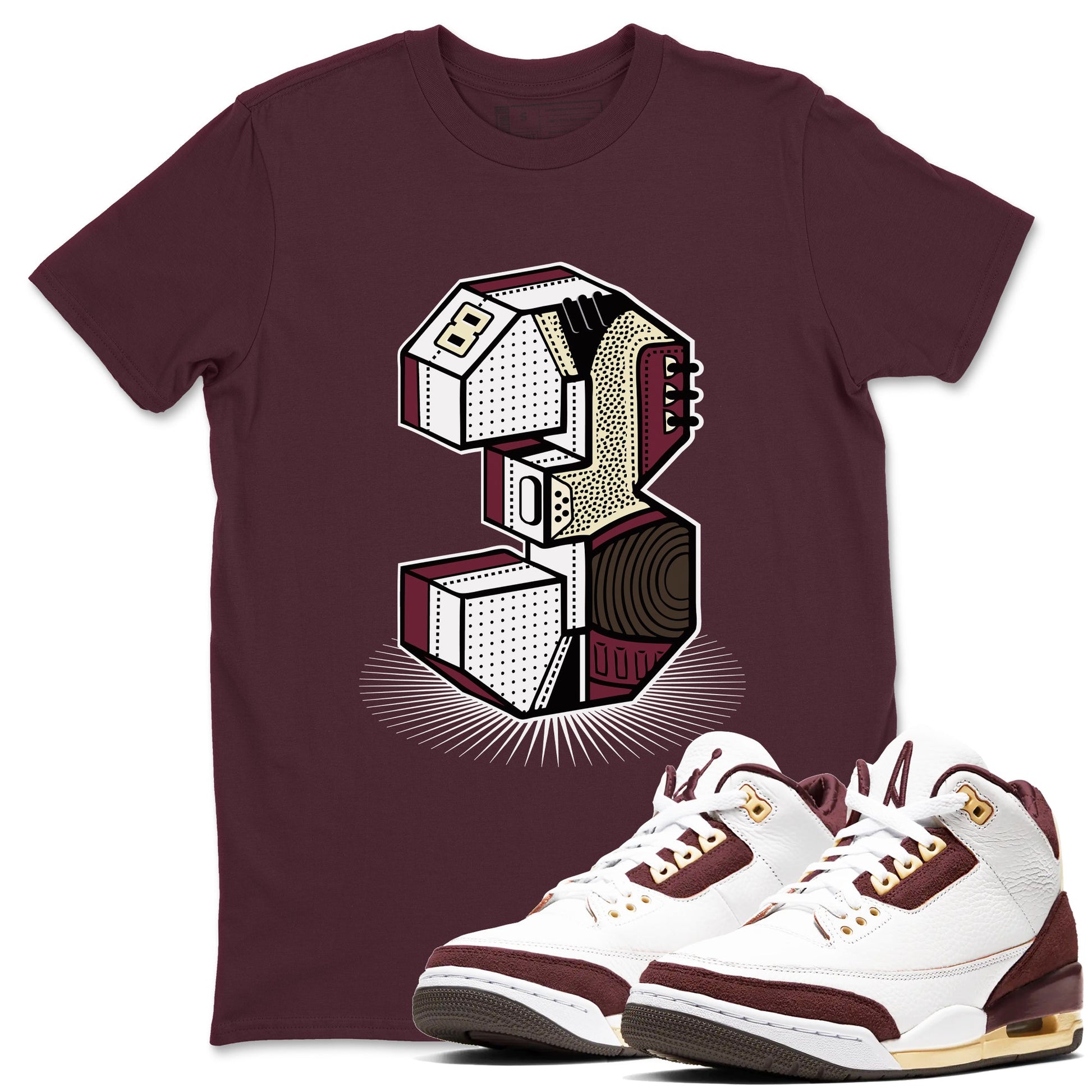 3s A Ma Maniere x Burgundy Crush shirts to match jordans Number Statue sneaker match teesA Ma Maniére x Air Jordan 3 "Burgundy Crush" SNRT Sneaker Tees streetwear brand Maroon 1 unisex cotton tee