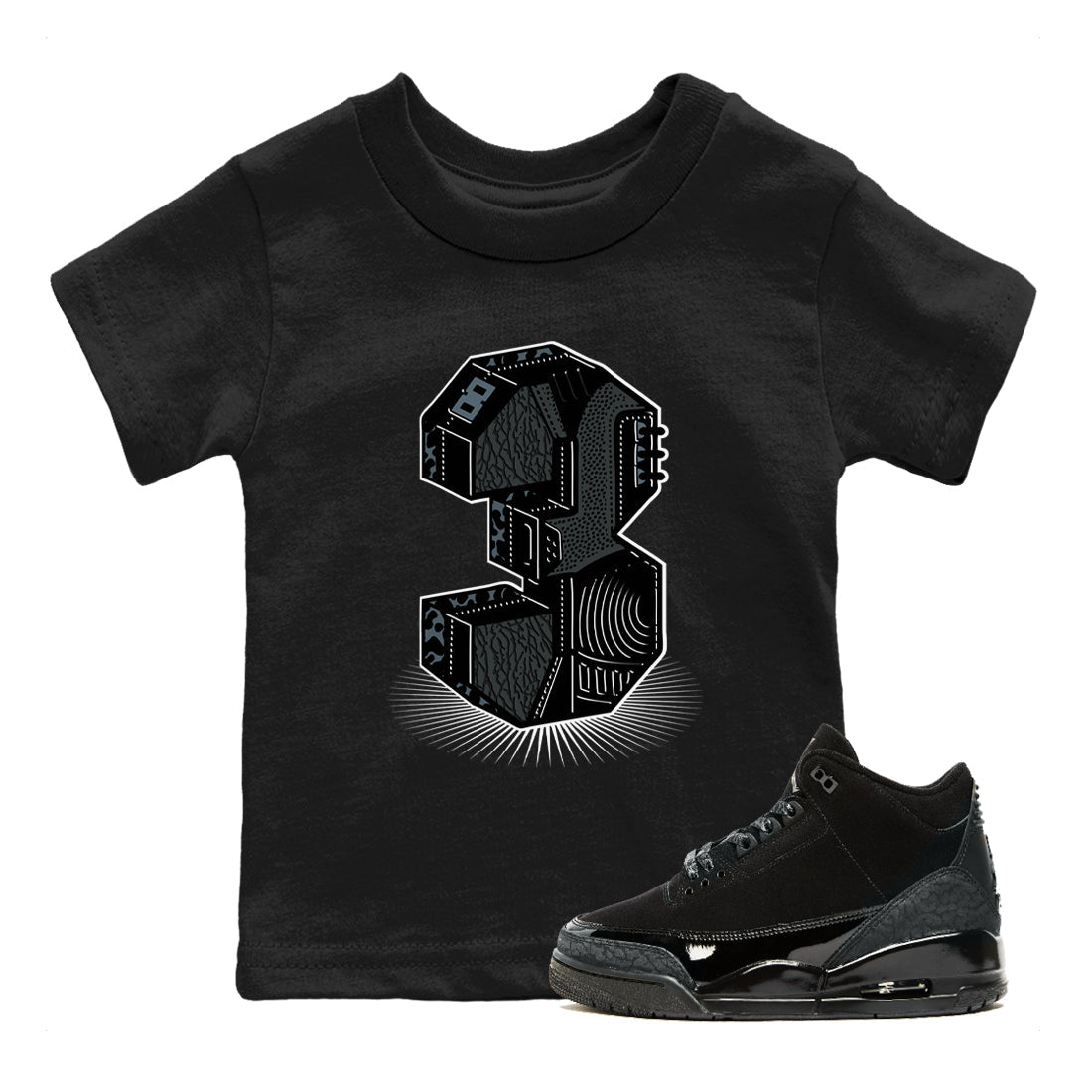 3s Black Cat shirts to match jordans Number Statue best t shirts to wear with jordans AJ3 Retro Black Cat match shoes to clothes SNRT Sneaker Tees Youth Baby Black 1 tee