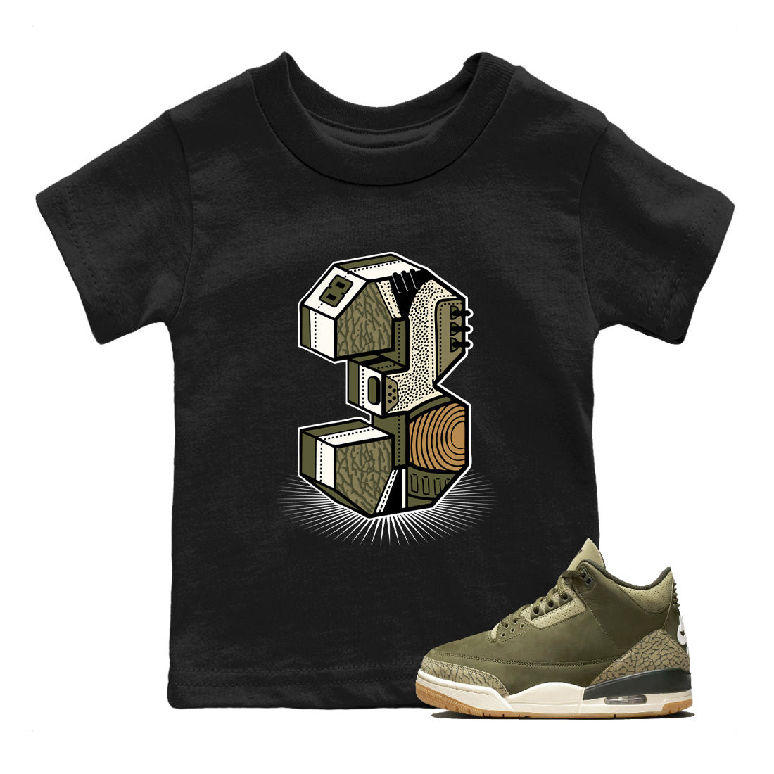 Sneaker Threads – Sneaker Tees To Match Air Jordan 3 Medium Olive – Number Statue Youth Graphic Tee Black 1. Perfect for Jordan releases 2025 colorways.