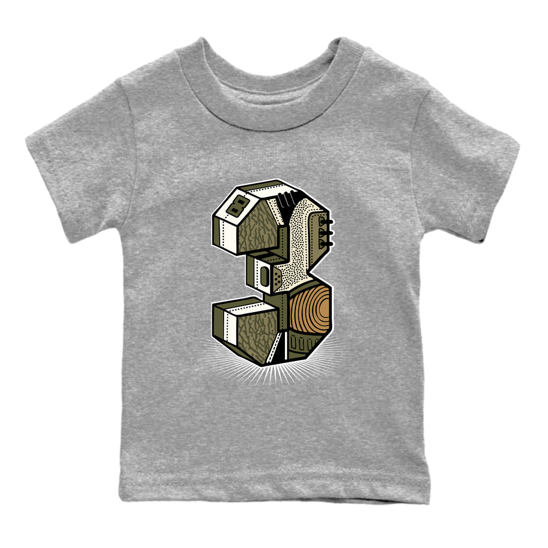 Sneaker Threads – Sneaker Tees To Match Air Jordan 3 Medium Olive – Number Statue Youth Graphic Tee Heather Grey 2. Perfect for Jordan releases 2025 colorways.