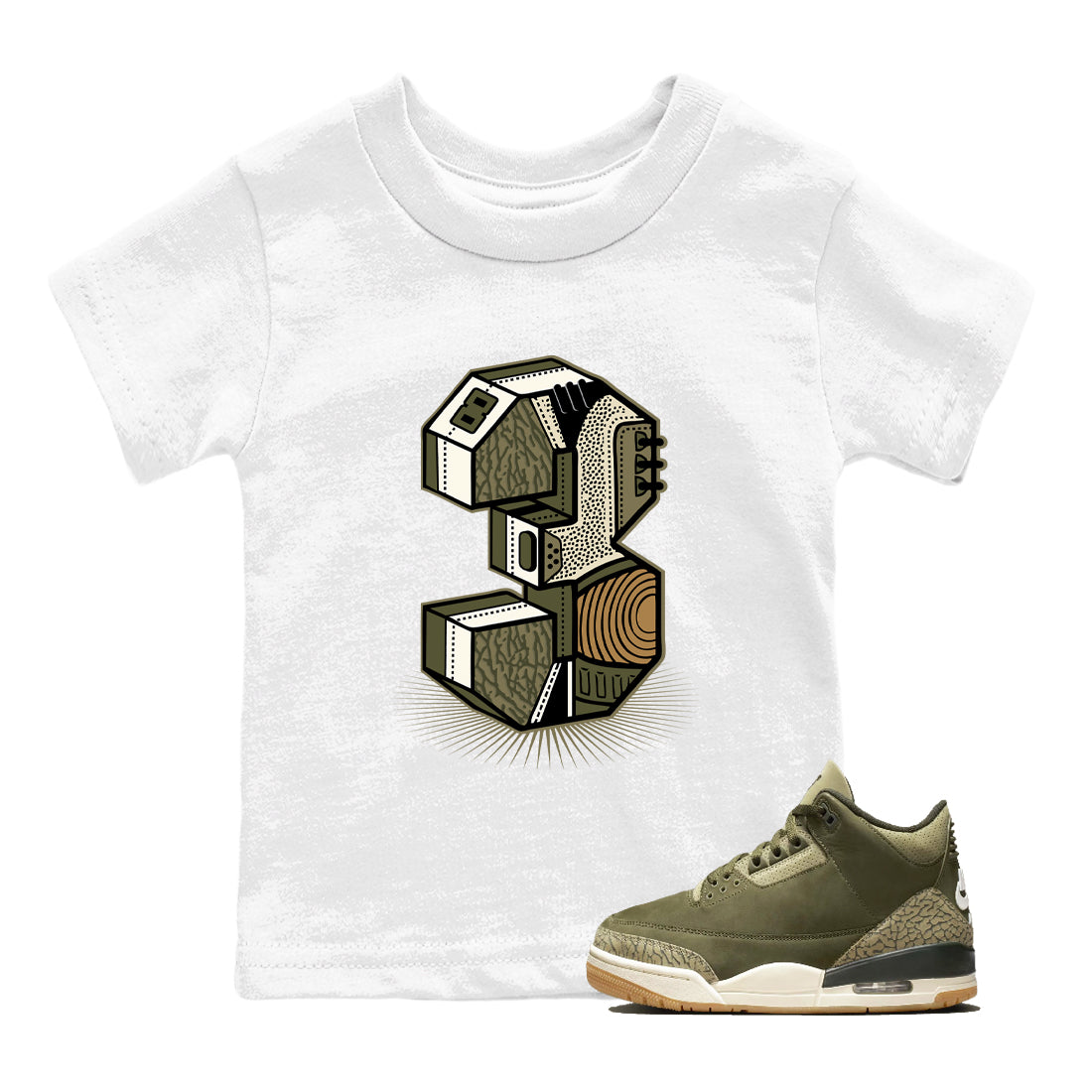 Sneaker Threads – Sneaker Tees To Match Air Jordan 3 Medium Olive – Number Statue Youth Graphic Tee White 1. Perfect for Jordan releases 2025 colorways.