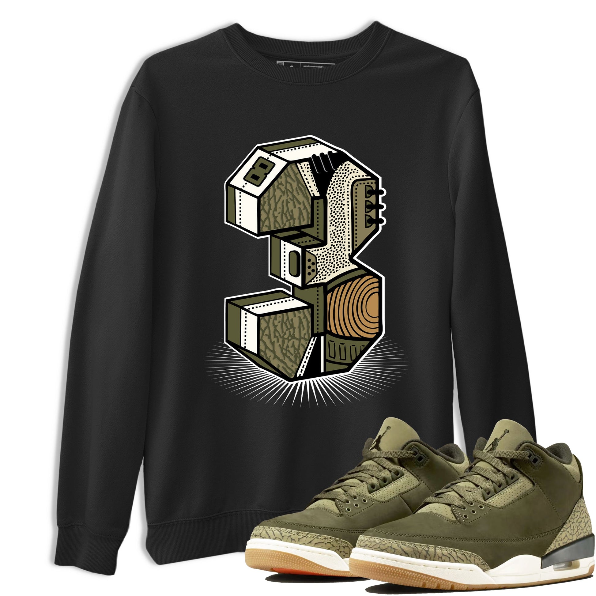 Sneaker Threads – Sneaker Tees To Match Air Jordan 3 Medium Olive – Number Statue Graphic Tee Black 1. Perfect for Jordan releases 2025 colorways.