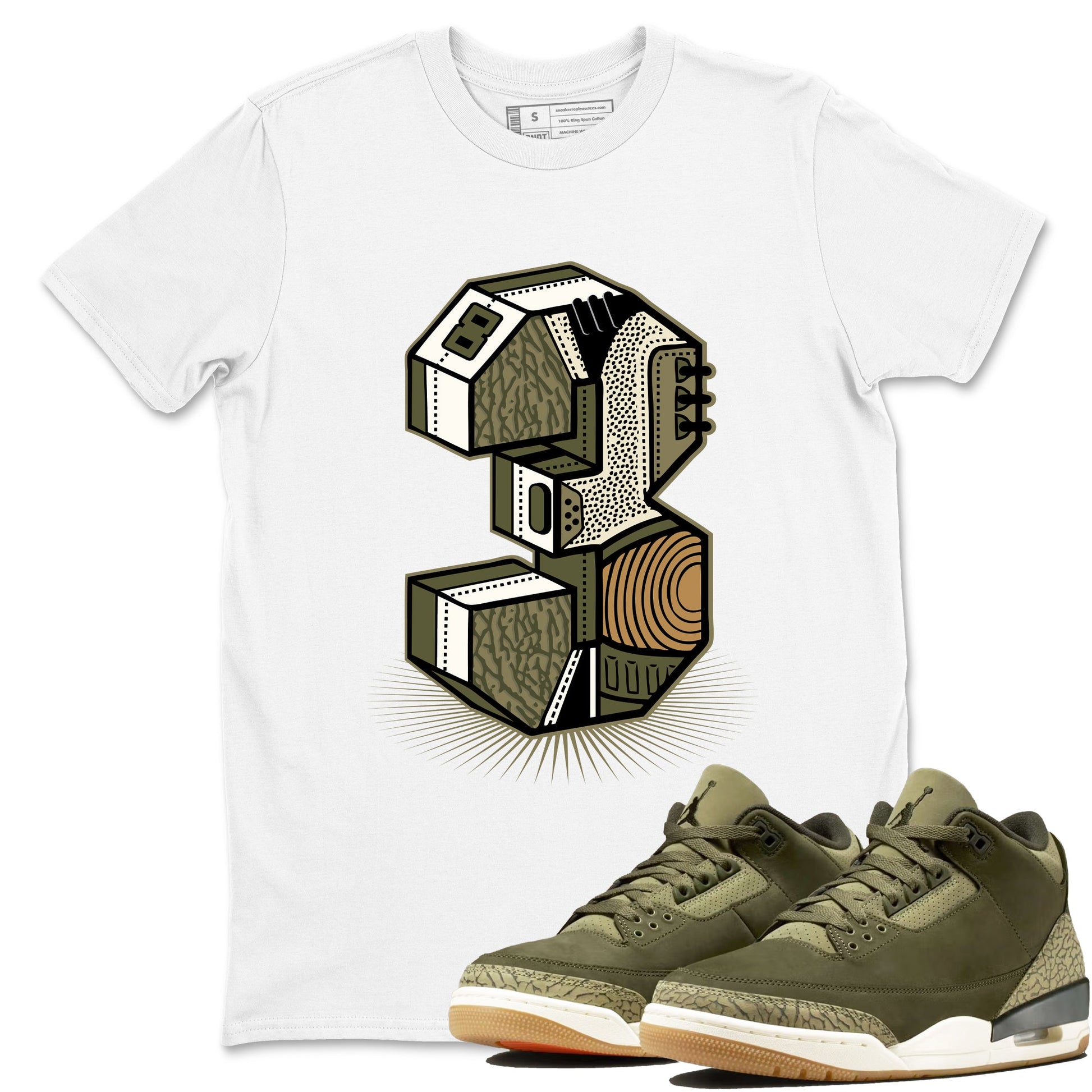 Sneaker Threads – Sneaker Tees To Match Air Jordan 3 Medium Olive – Number Statue Graphic Tee White 1. Perfect for Jordan releases 2025 colorways.