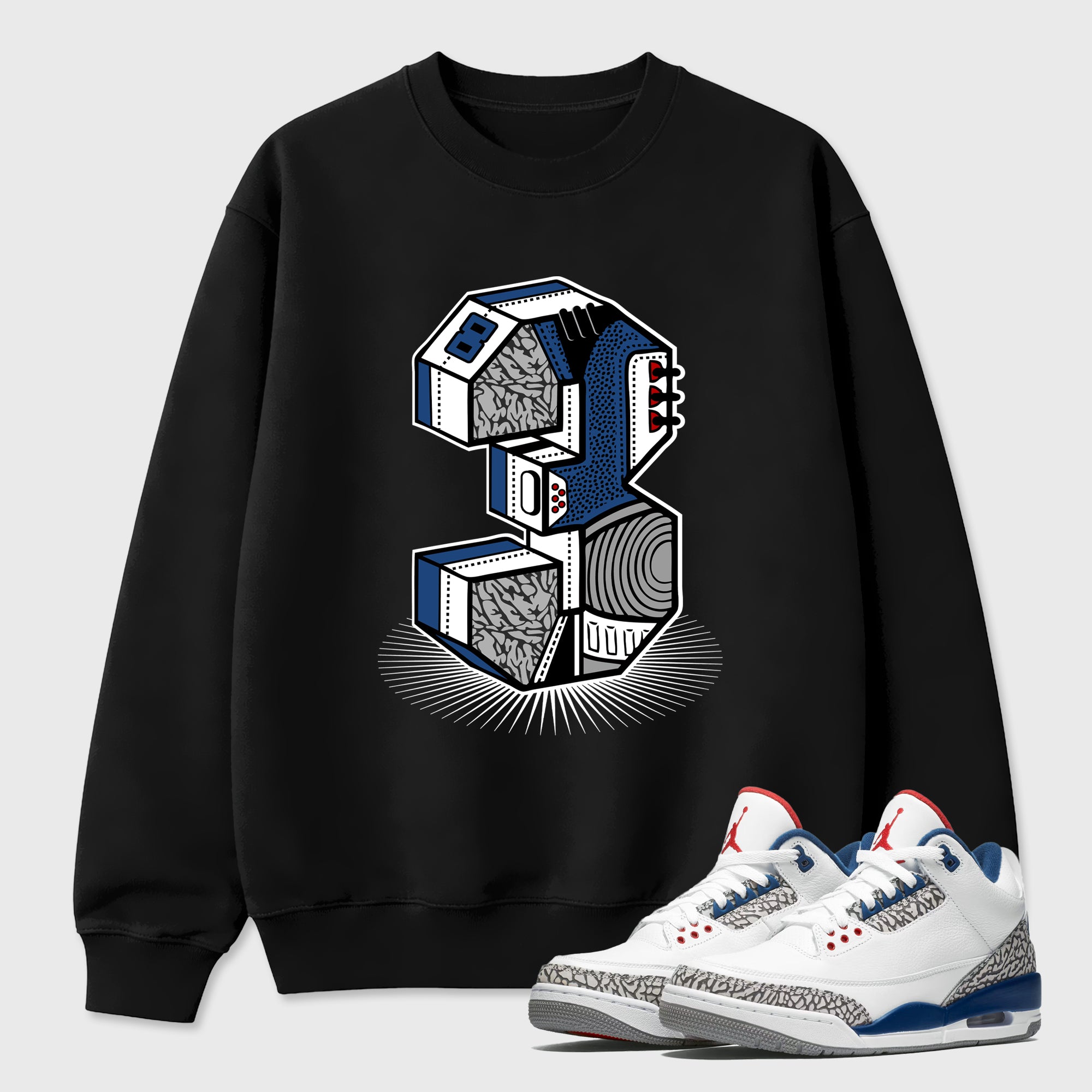 Number Statue Graphic T-Shirt featuring original streetwear artwork designed to match the Air Jordan 3 True Blue. Black 1 Graphic Tee.