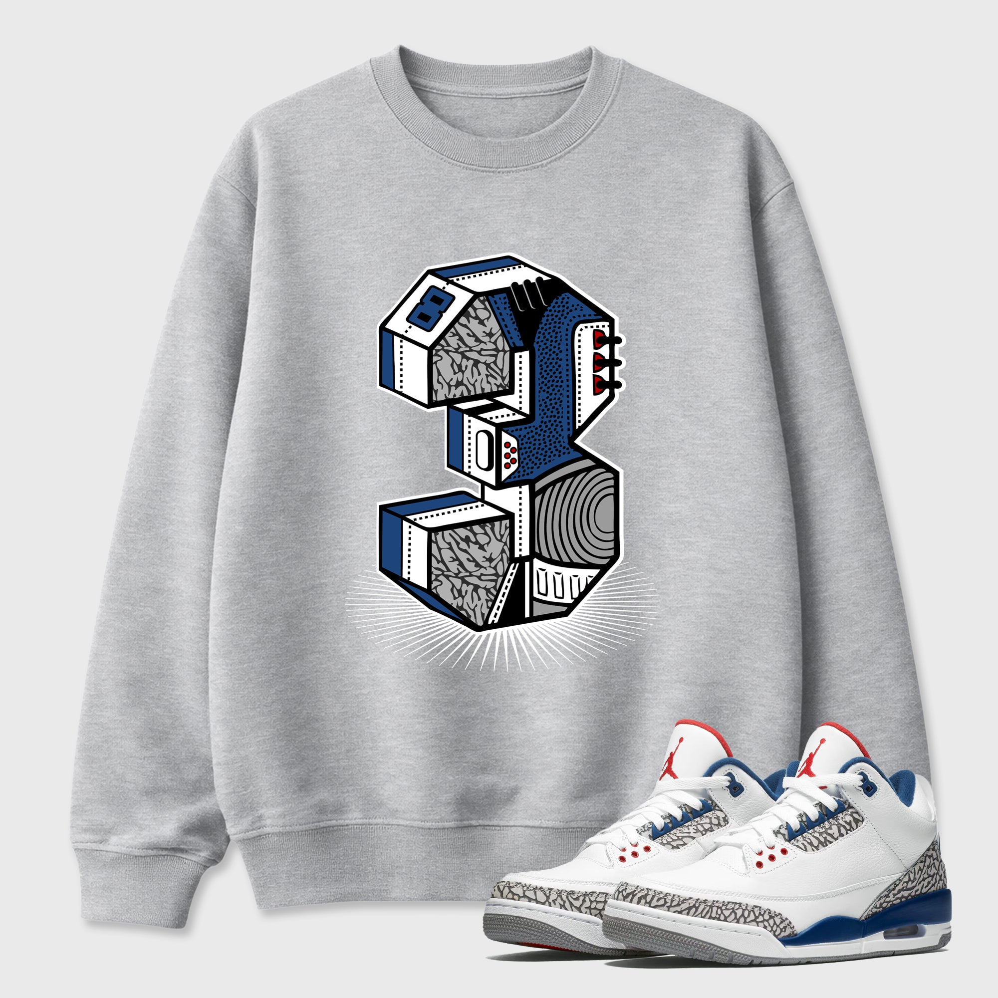 Number Statue Graphic T-Shirt featuring original streetwear artwork designed to match the Air Jordan 3 True Blue. Heather Grey 1 Graphic Tee.