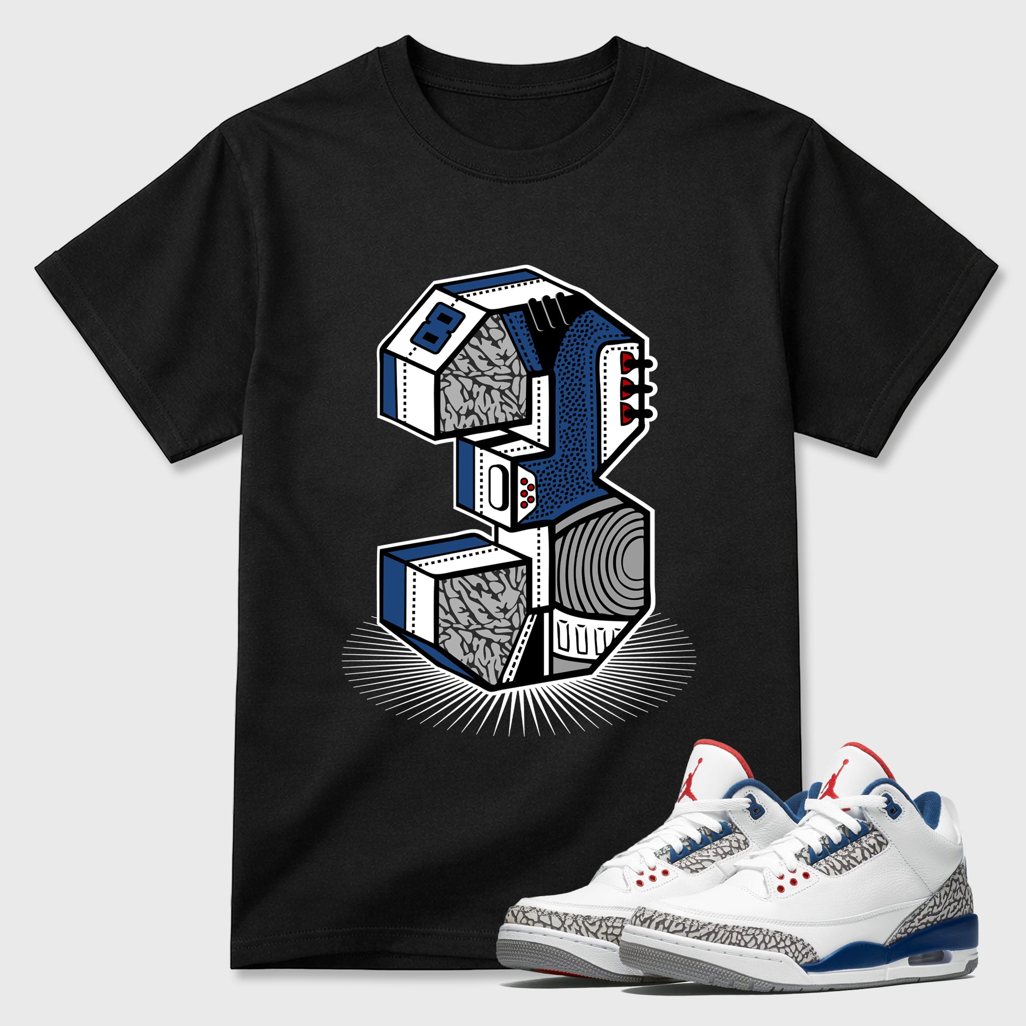 Number Statue Graphic T-Shirt featuring original streetwear artwork designed to match the Air Jordan 3 True Blue. Black 1 Graphic T-Shirt.