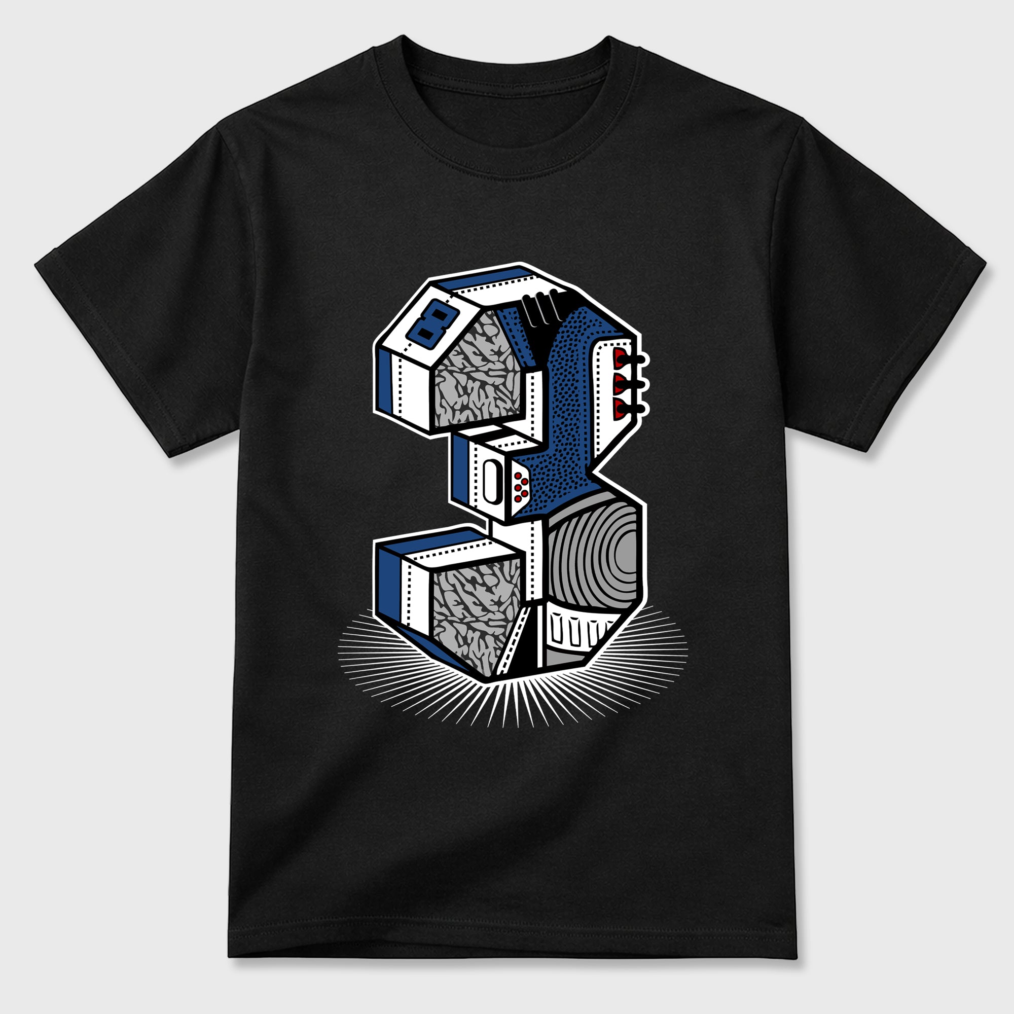 Number Statue Graphic T-Shirt featuring original streetwear artwork designed to match the Air Jordan 3 True Blue. Black 2 Graphic T-Shirt.