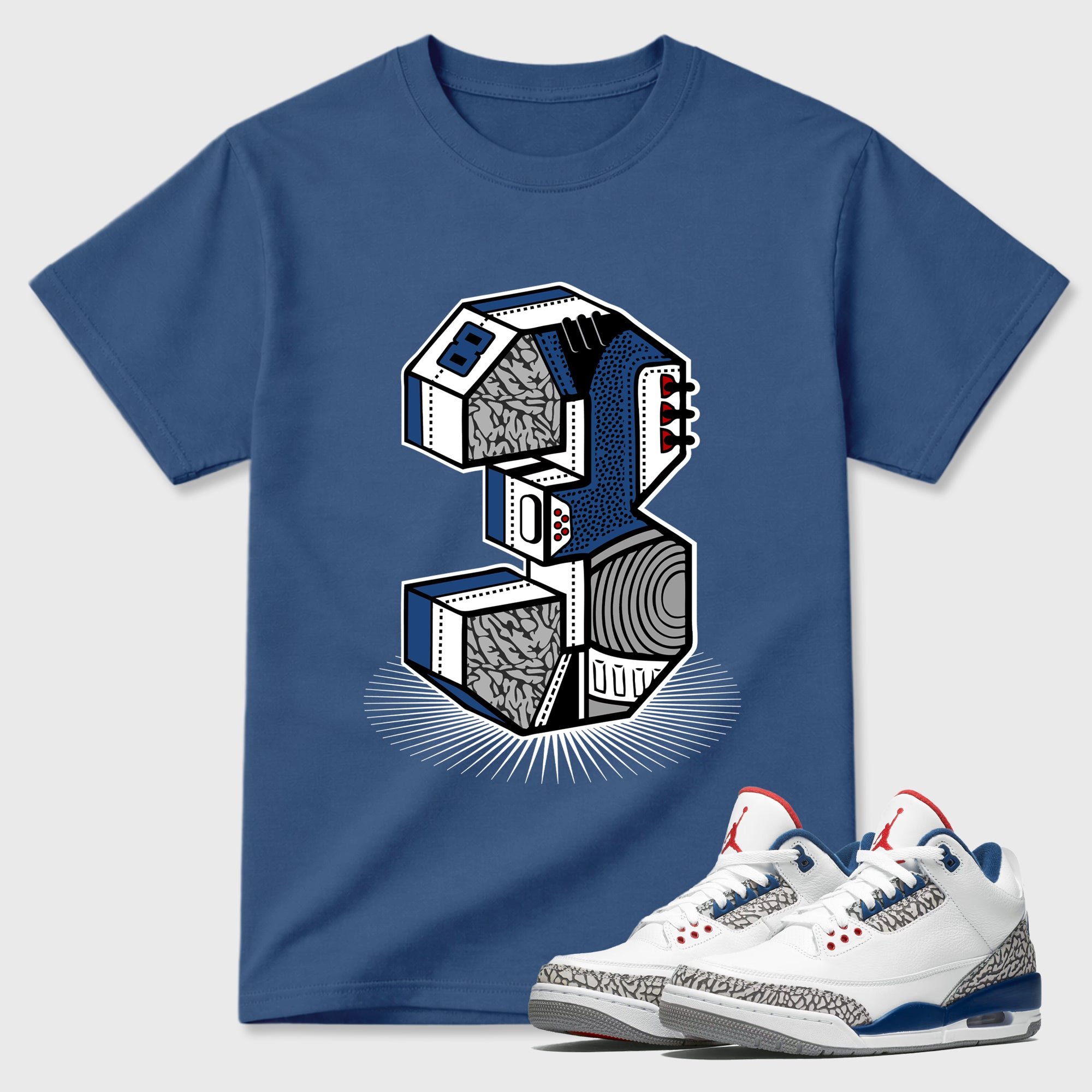 Number Statue Graphic T-Shirt featuring original streetwear artwork designed to match the Air Jordan 3 True Blue. Denim Blue 1 Graphic T-Shirt.