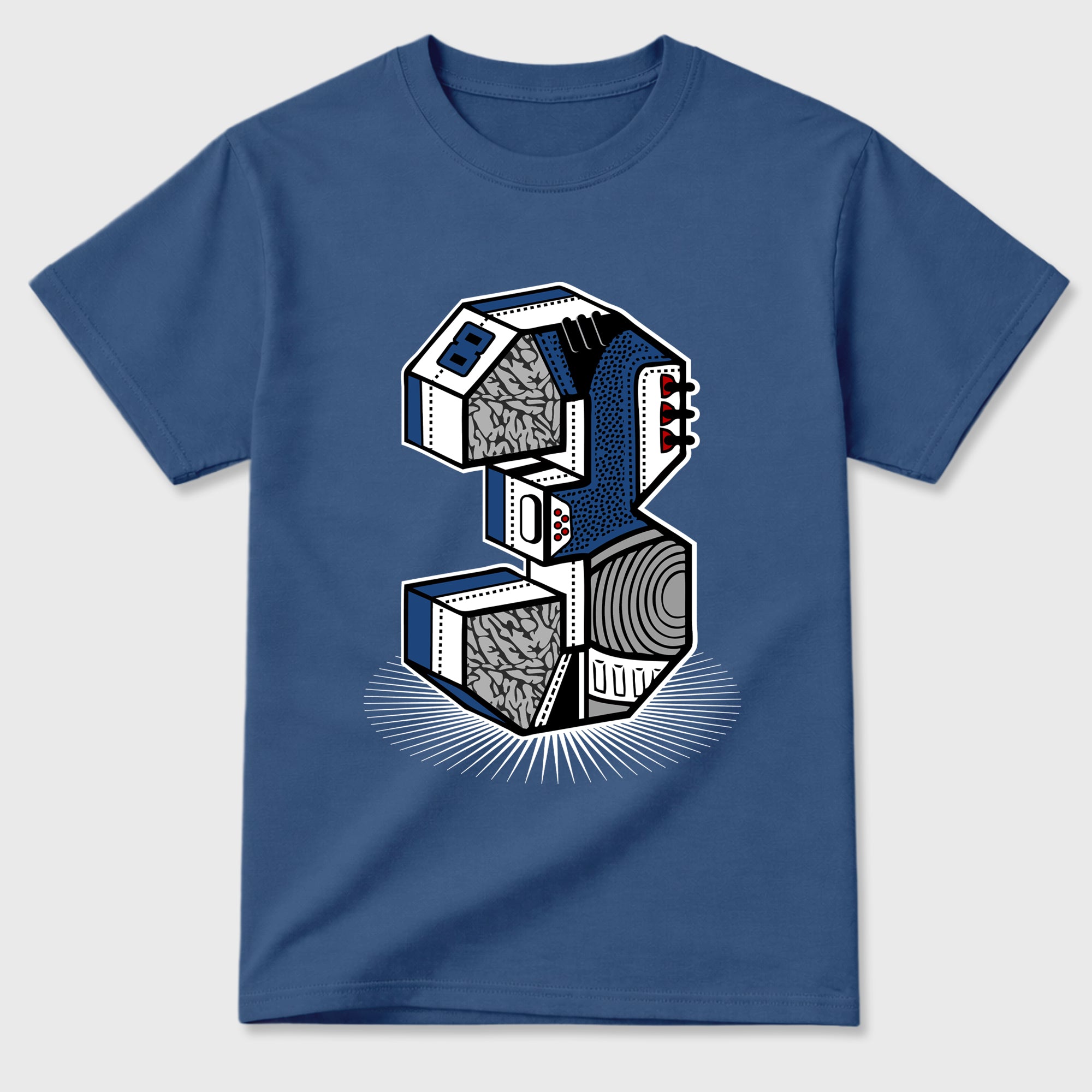 Number Statue Graphic T-Shirt featuring original streetwear artwork designed to match the Air Jordan 3 True Blue. Denim Blue 2 Graphic T-Shirt.
