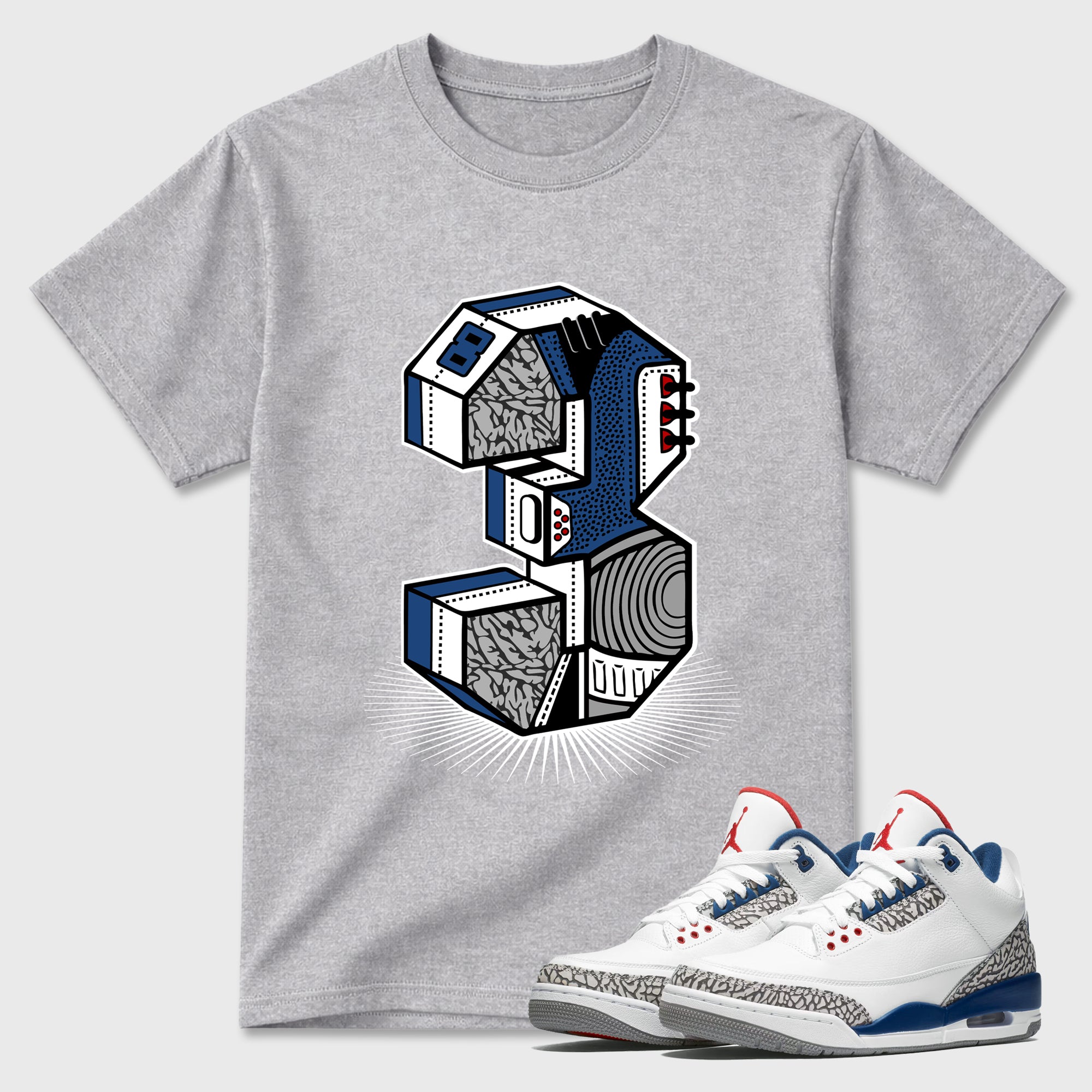 Number Statue Graphic T-Shirt featuring original streetwear artwork designed to match the Air Jordan 3 True Blue. Heather Grey 1 Graphic T-Shirt.