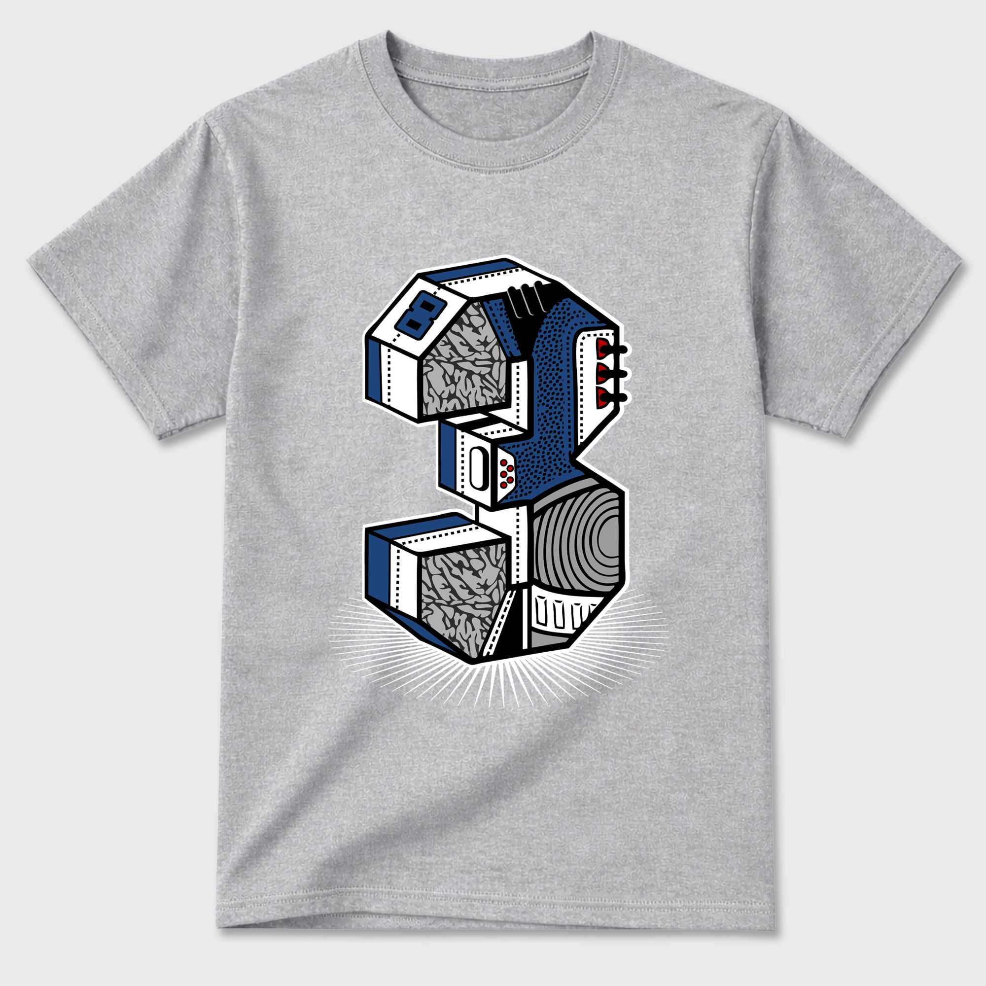 Number Statue Graphic T-Shirt featuring original streetwear artwork designed to match the Air Jordan 3 True Blue. Heather Grey 2 Graphic T-Shirt.
