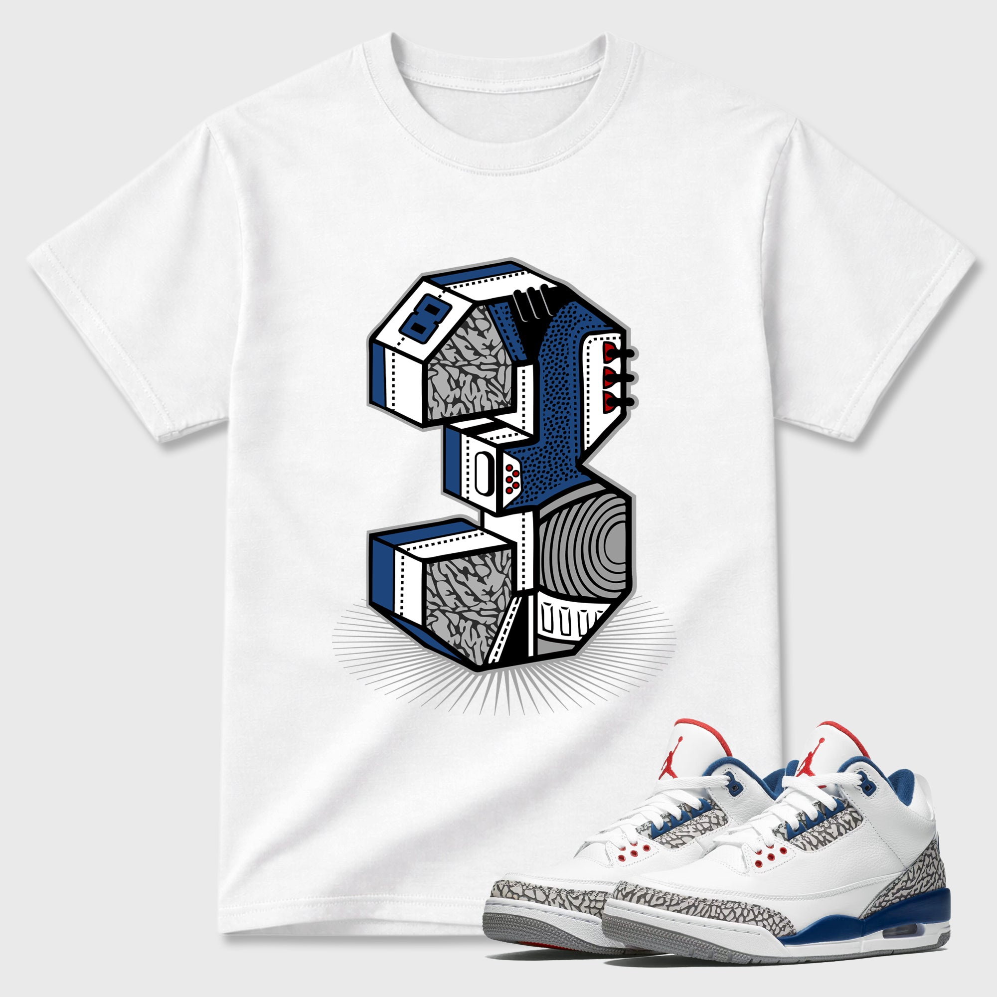 Number Statue Graphic T-Shirt featuring original streetwear artwork designed to match the Air Jordan 3 True Blue. White 1 Graphic T-Shirt.